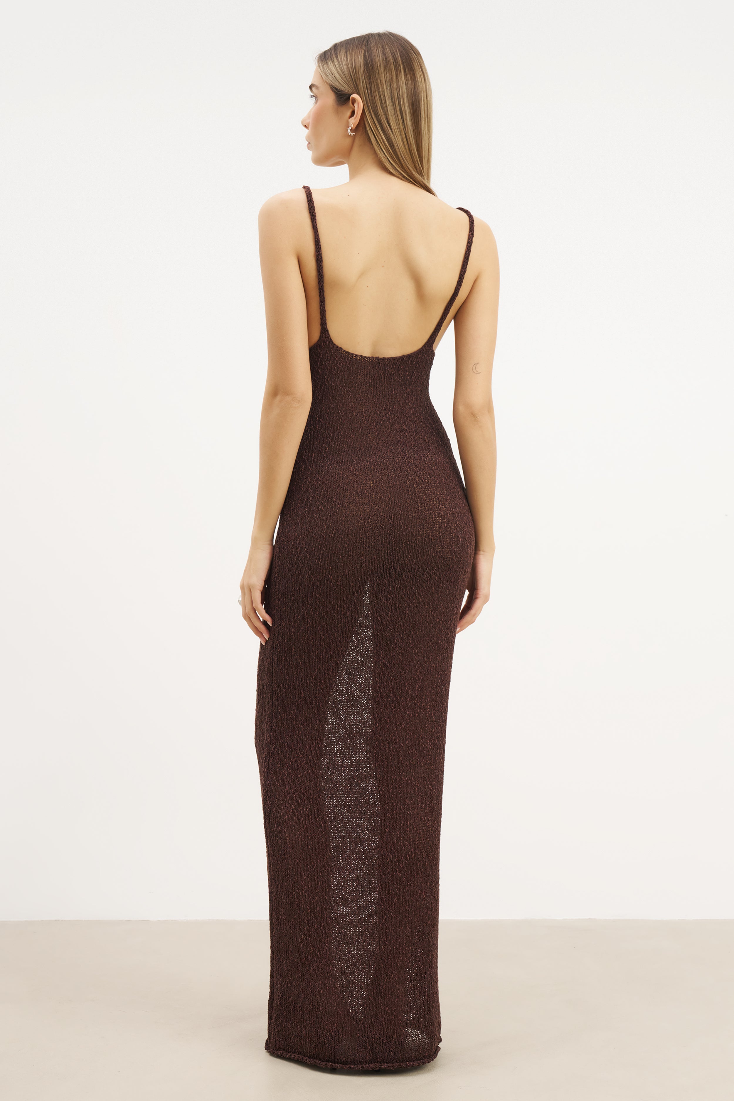 Crochet Knit Plunging Cami Maxi Dress - Carob