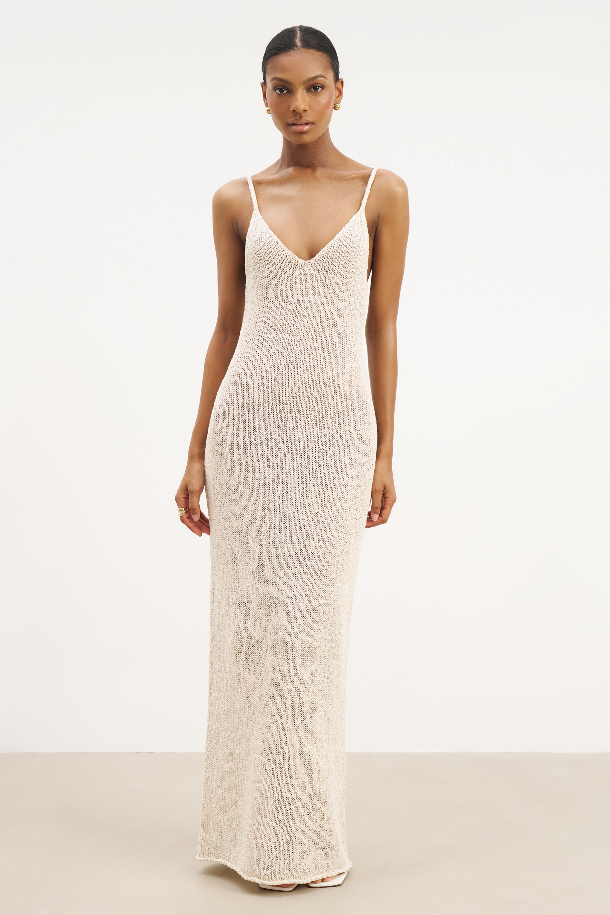 Crochet Knit Plunging Cami Maxi Dress - Cream