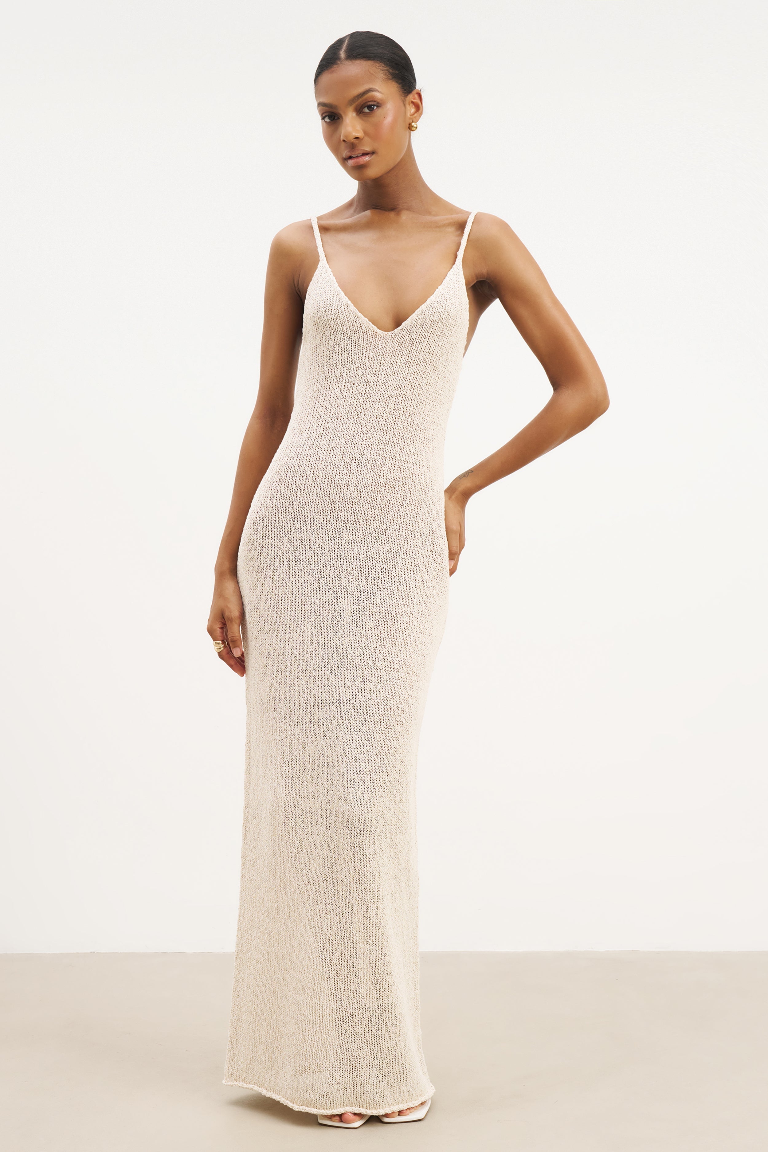 Crochet Knit Plunging Cami Maxi Dress - Cream