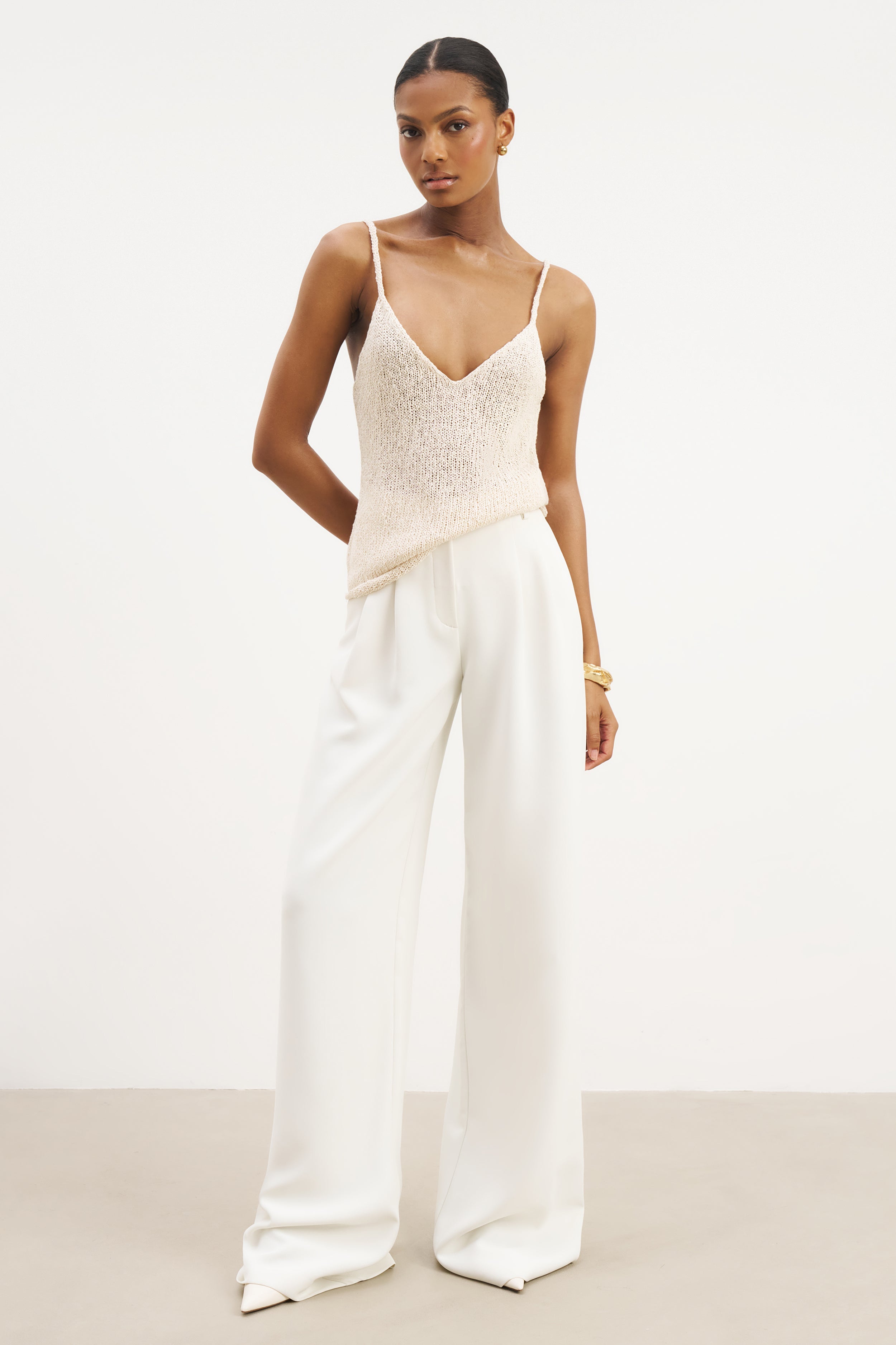 Crochet Knit Plunging Cami Top - Cream