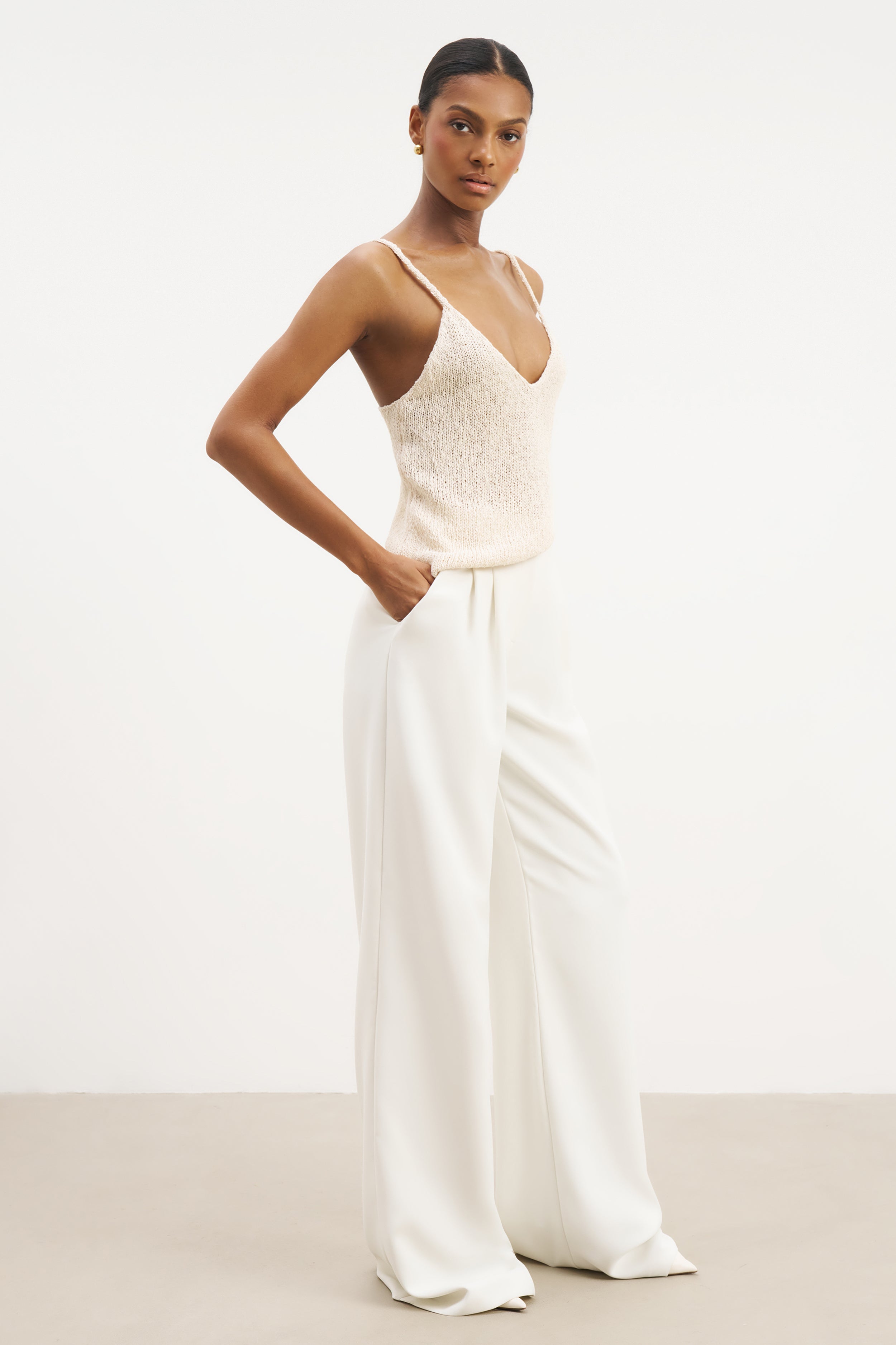 Crochet Knit Plunging Cami Top - Cream