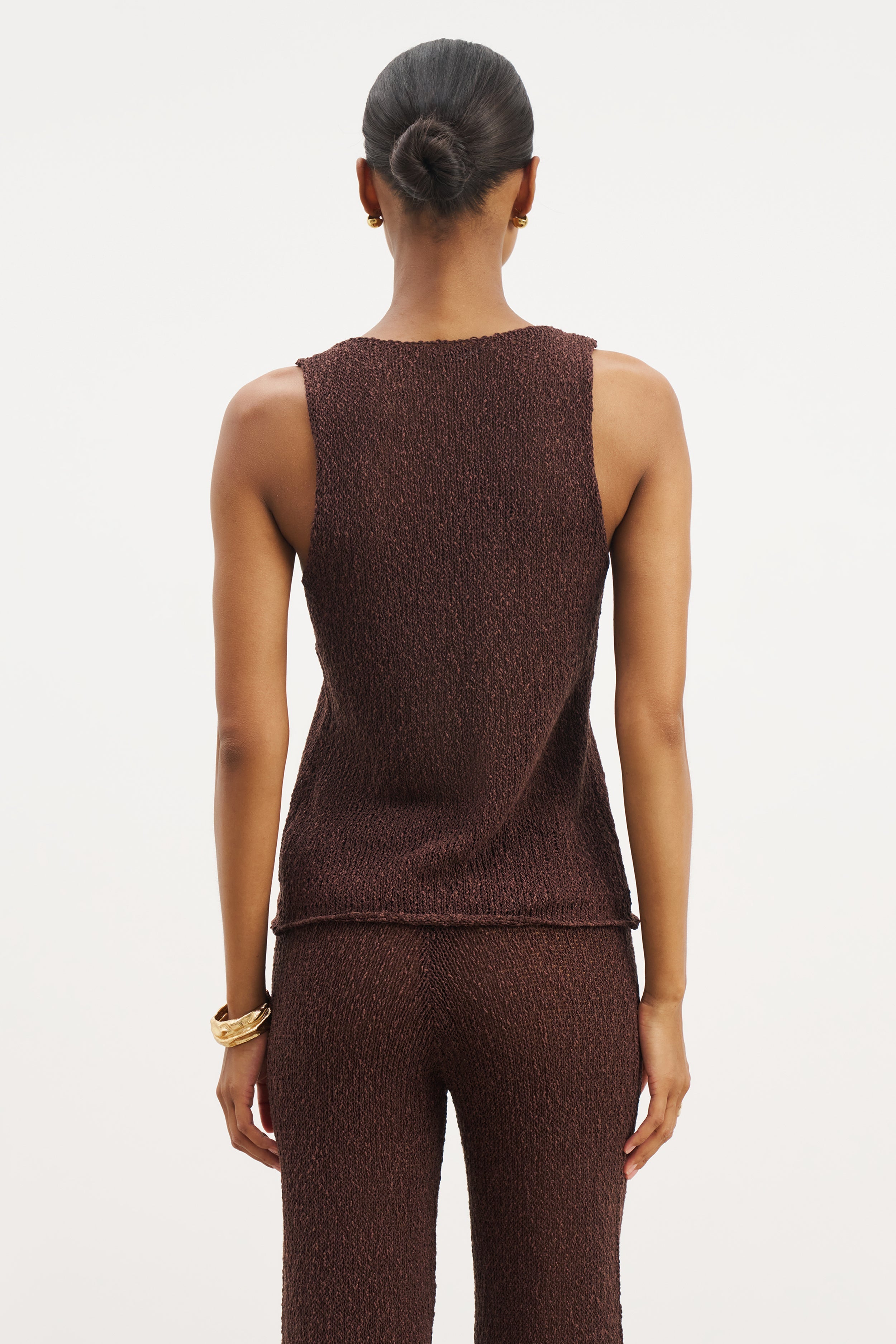 Crochet Knit V Neck Waistcoat - Carob