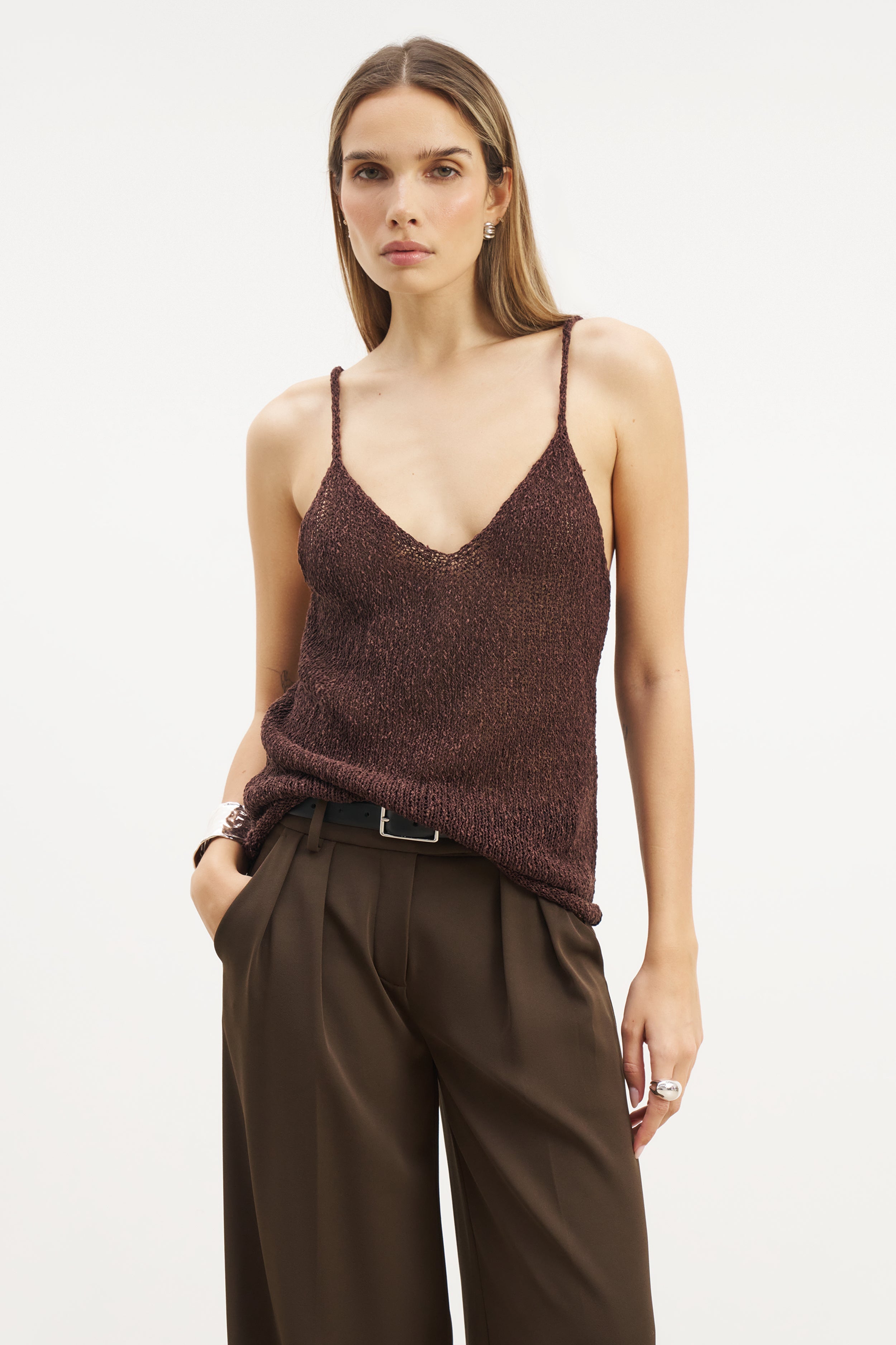 Crochet Knit Plunging Cami Top - Carob
