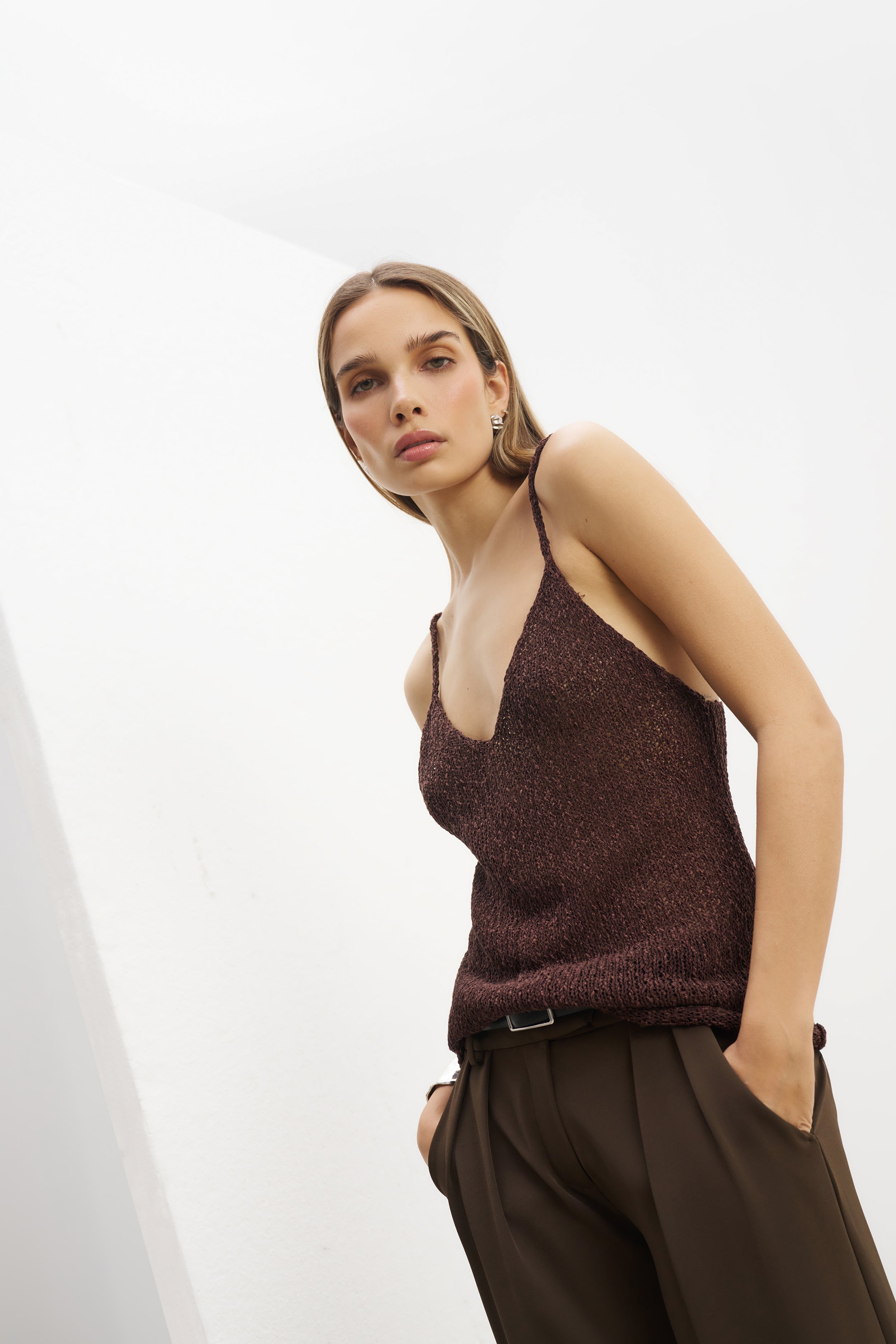 Crochet Knit Plunging Cami Top - Carob