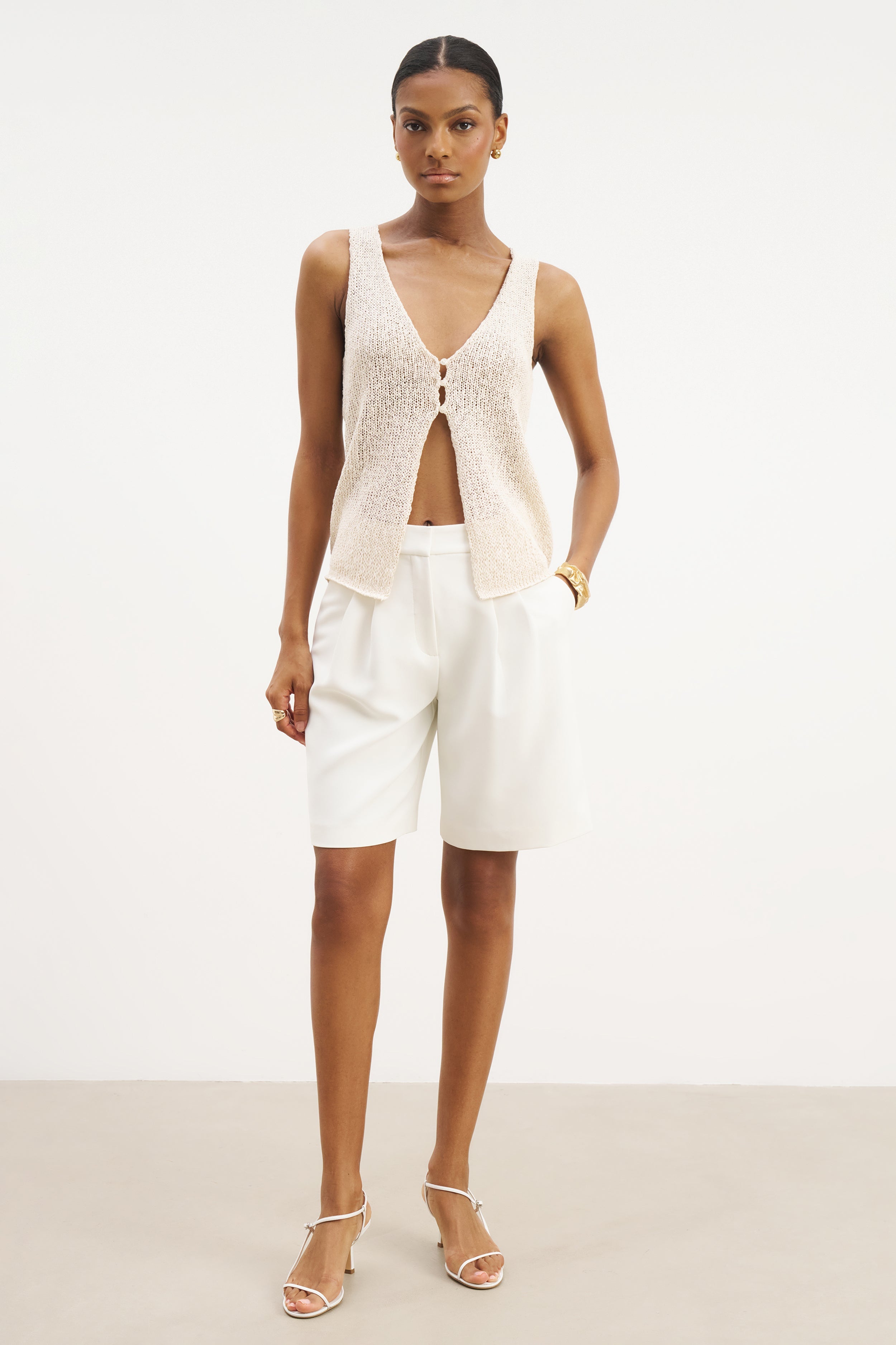 Crochet Knit V Neck Waistcoat - Cream