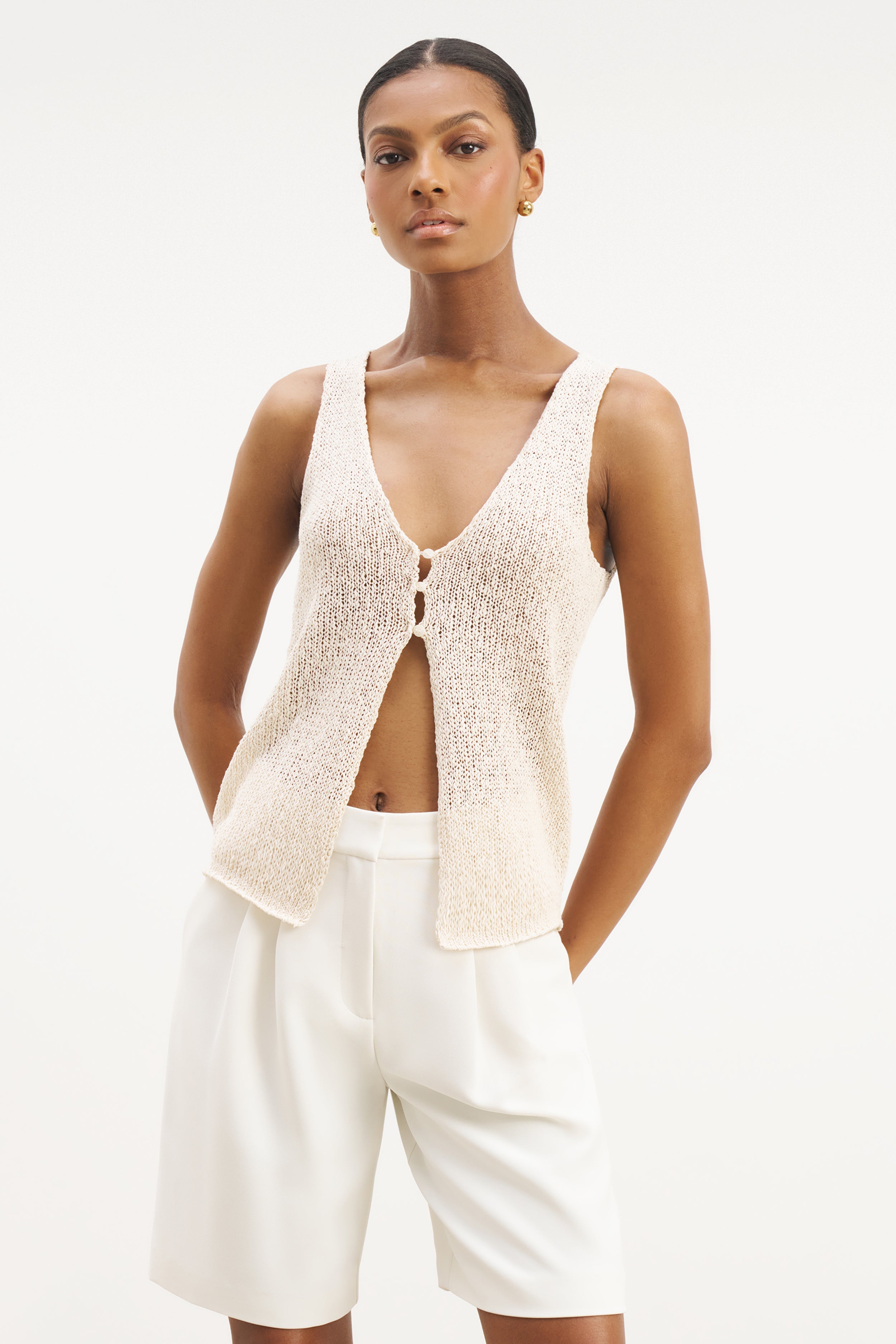 Crochet Knit V Neck Waistcoat - Cream