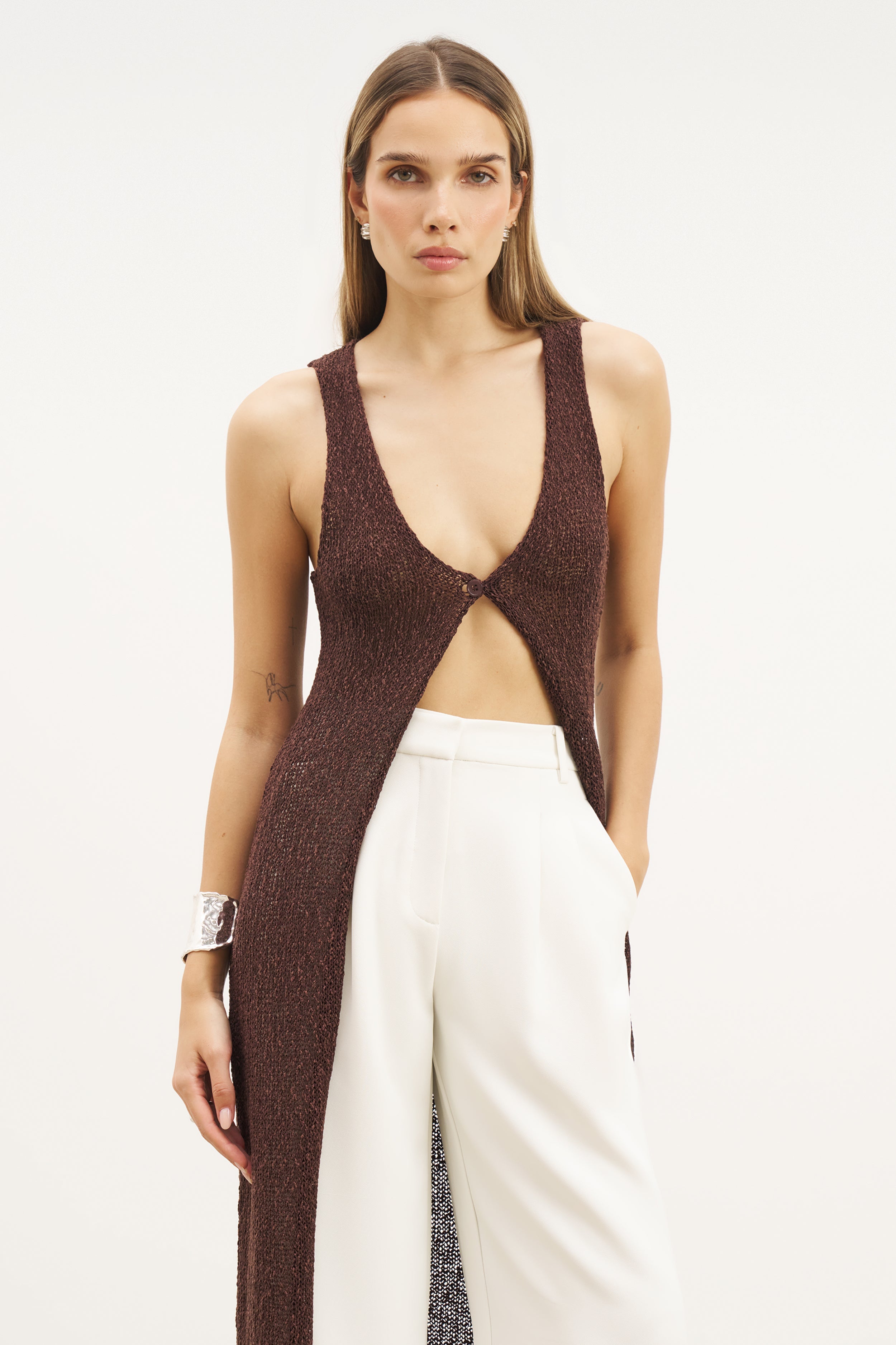 Crochet Knit V Neck Maxi Waistcoat - Carob