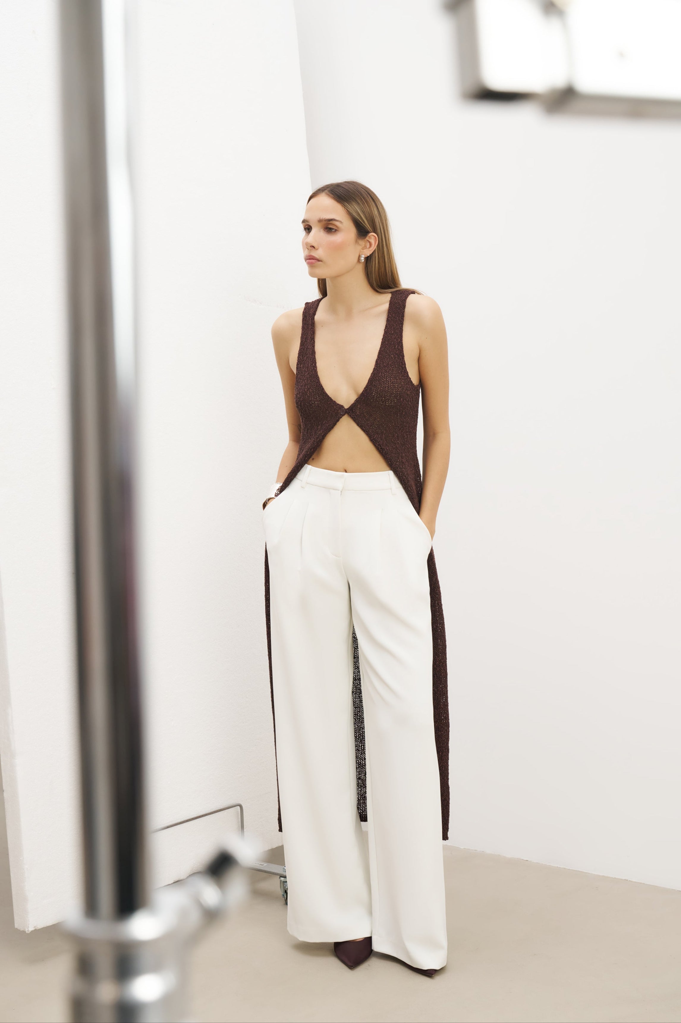 Crochet Knit V Neck Maxi Waistcoat - Carob