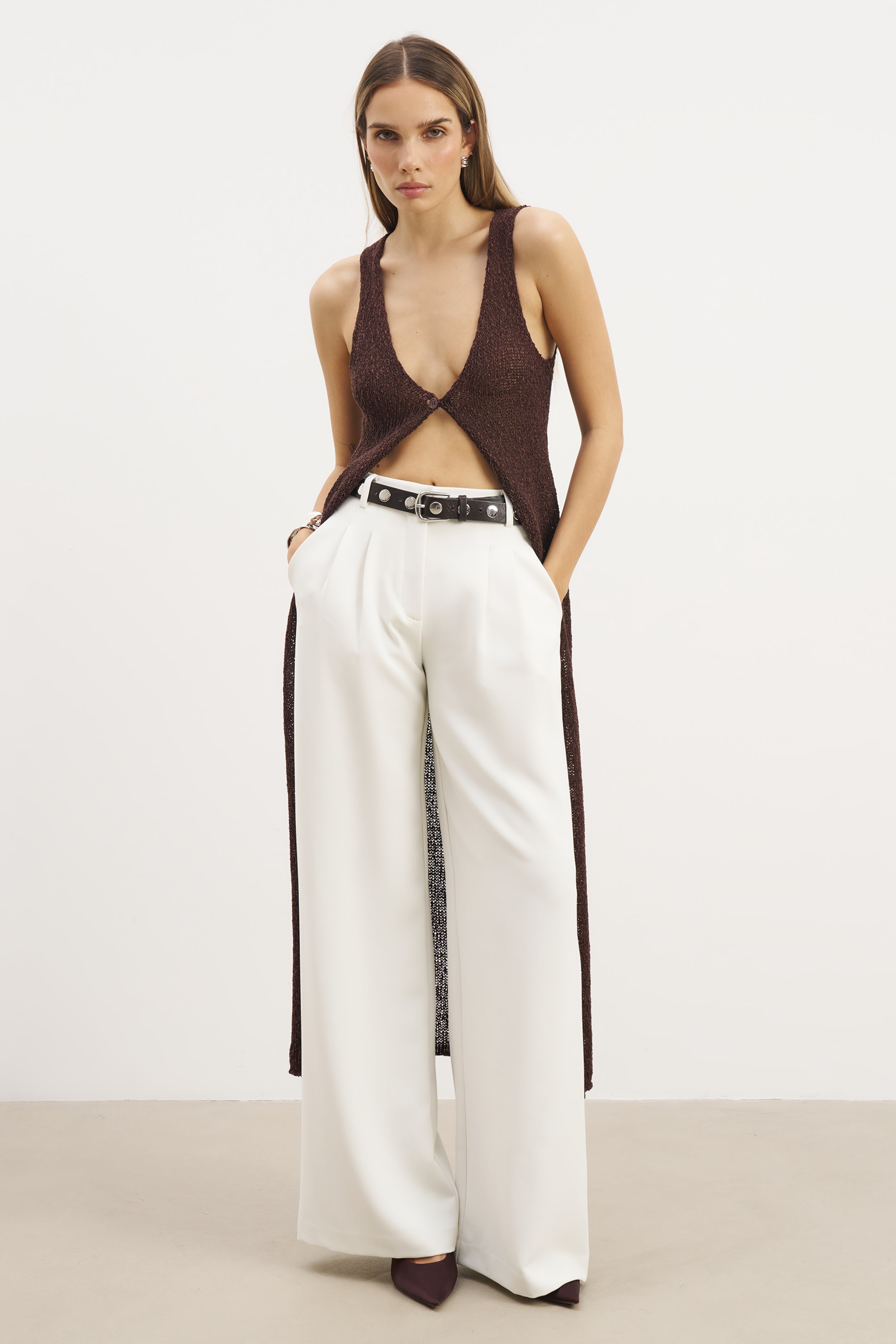 Crochet Knit V Neck Maxi Waistcoat - Carob