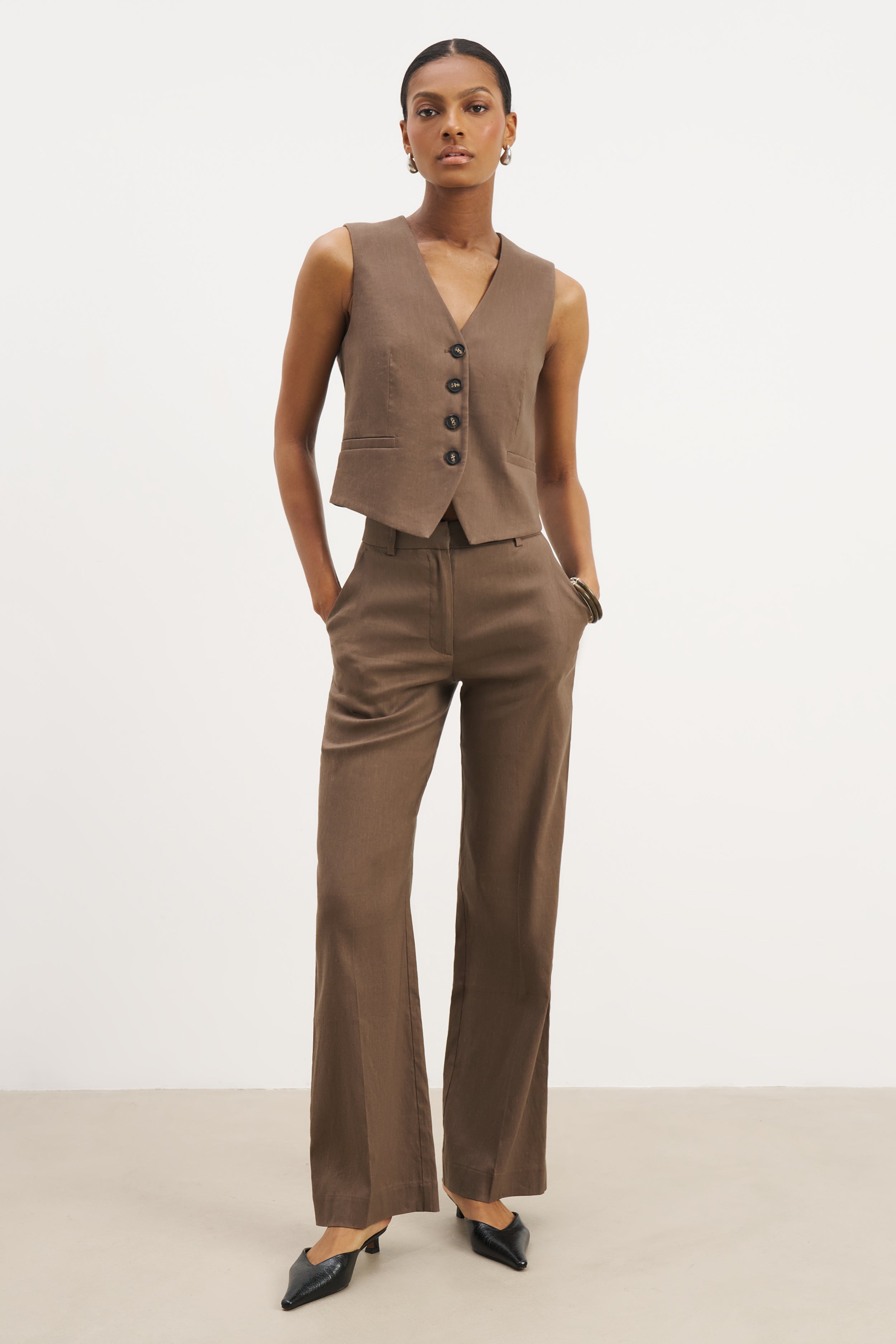 Tailored Linen High Rise Trousers - Truffle