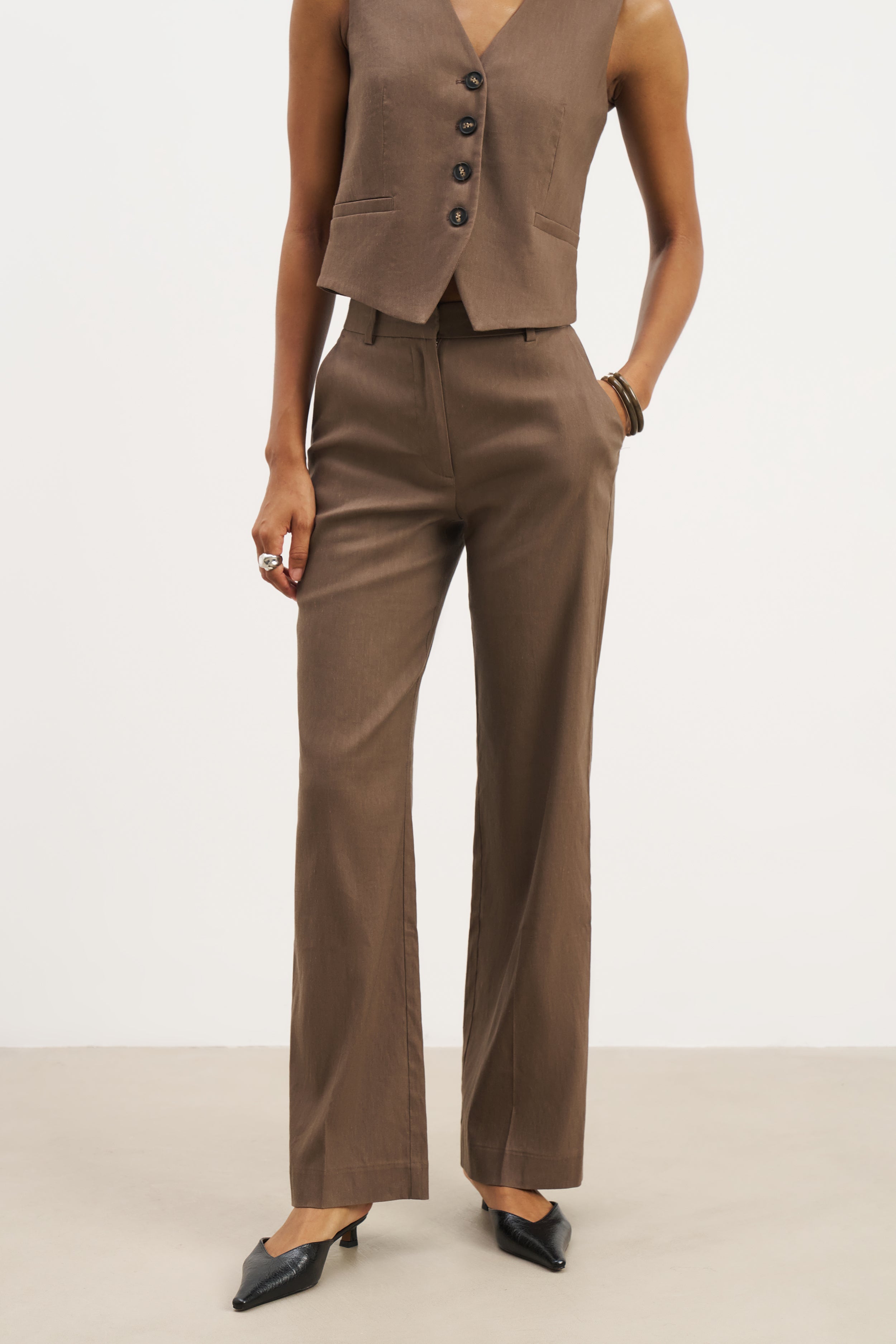 Tailored Linen High Rise Trousers - Truffle
