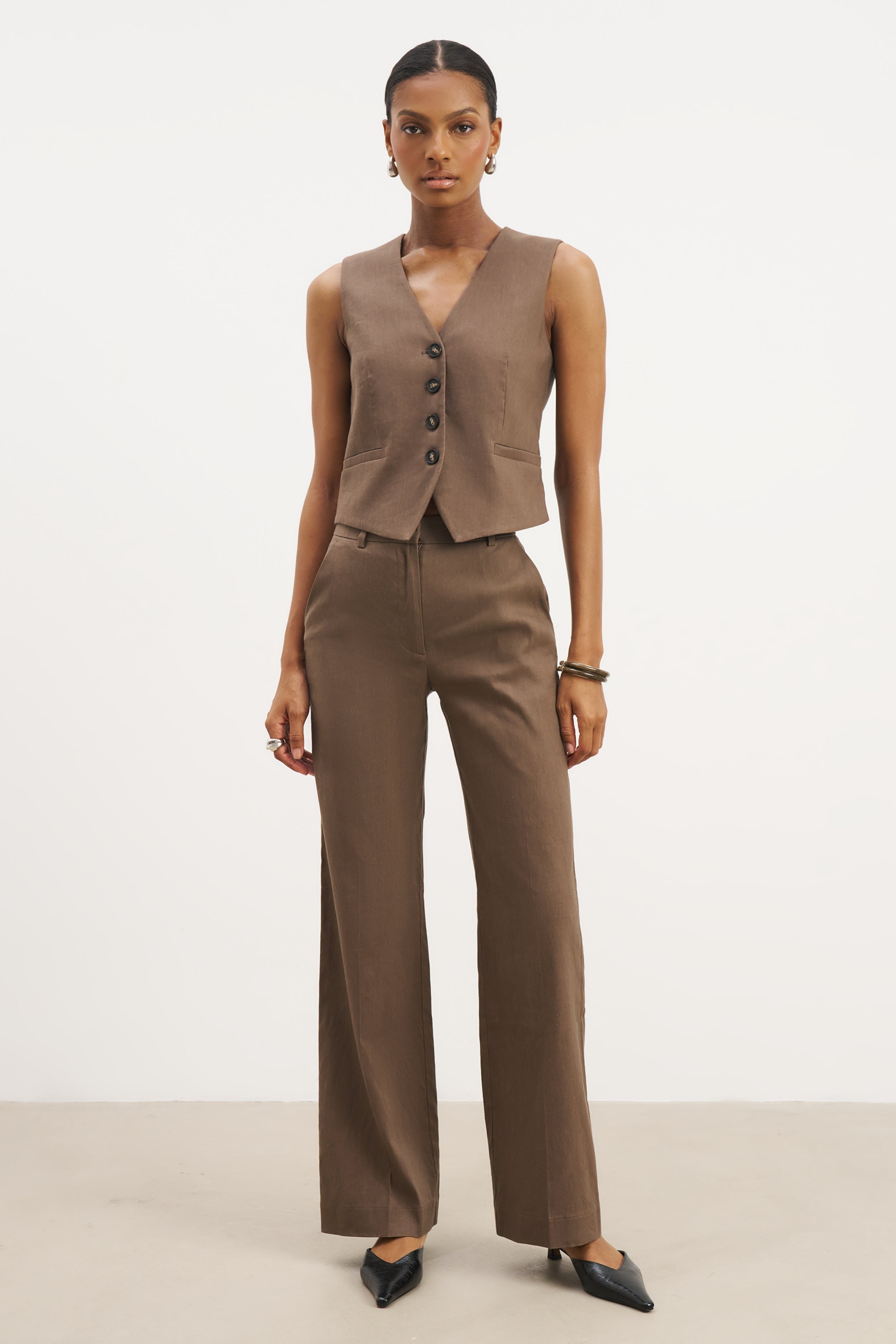 Tailored Linen High Rise Trousers - Truffle