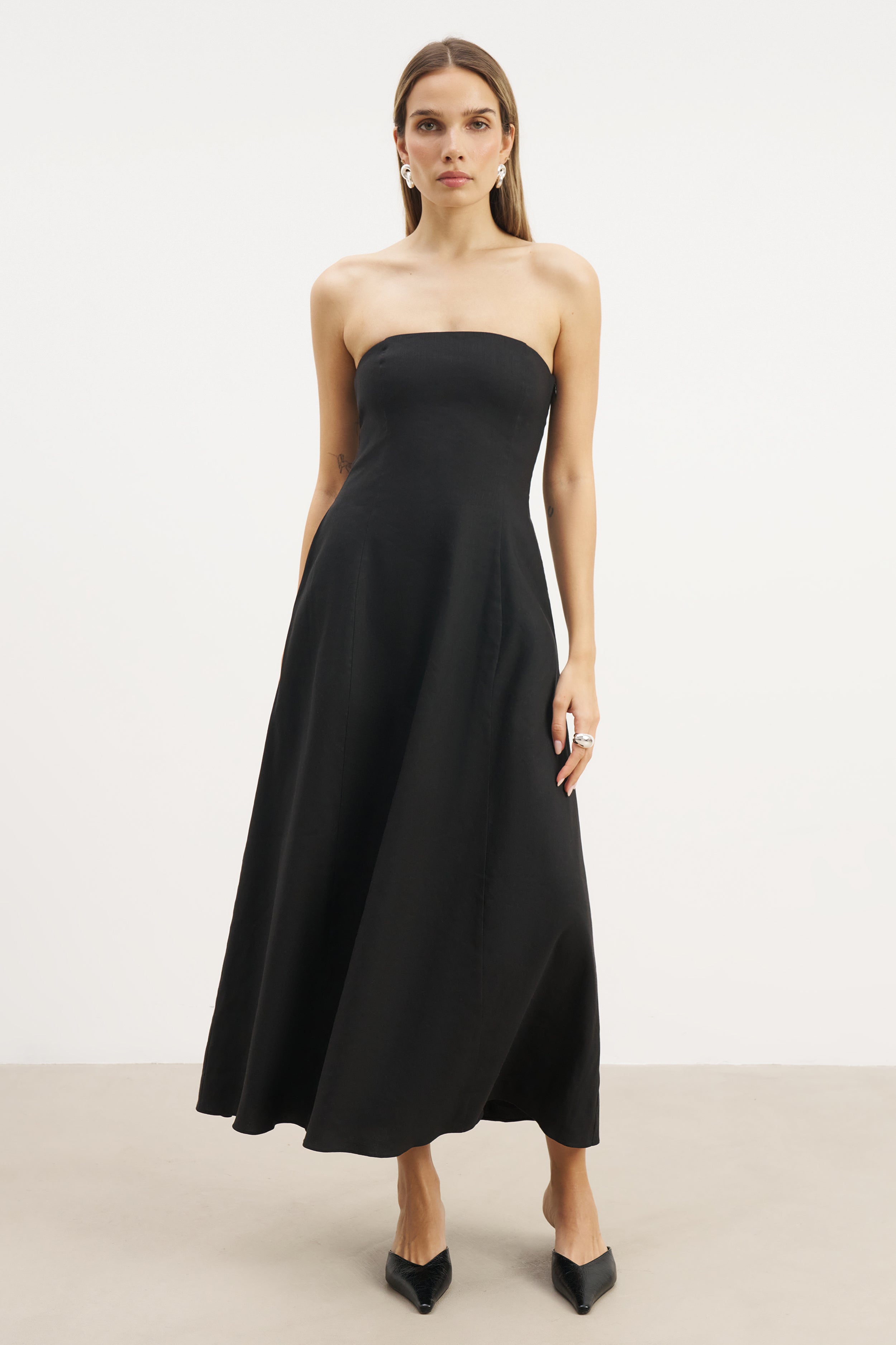 Strapless Linen A Line Maxi Dress - Black