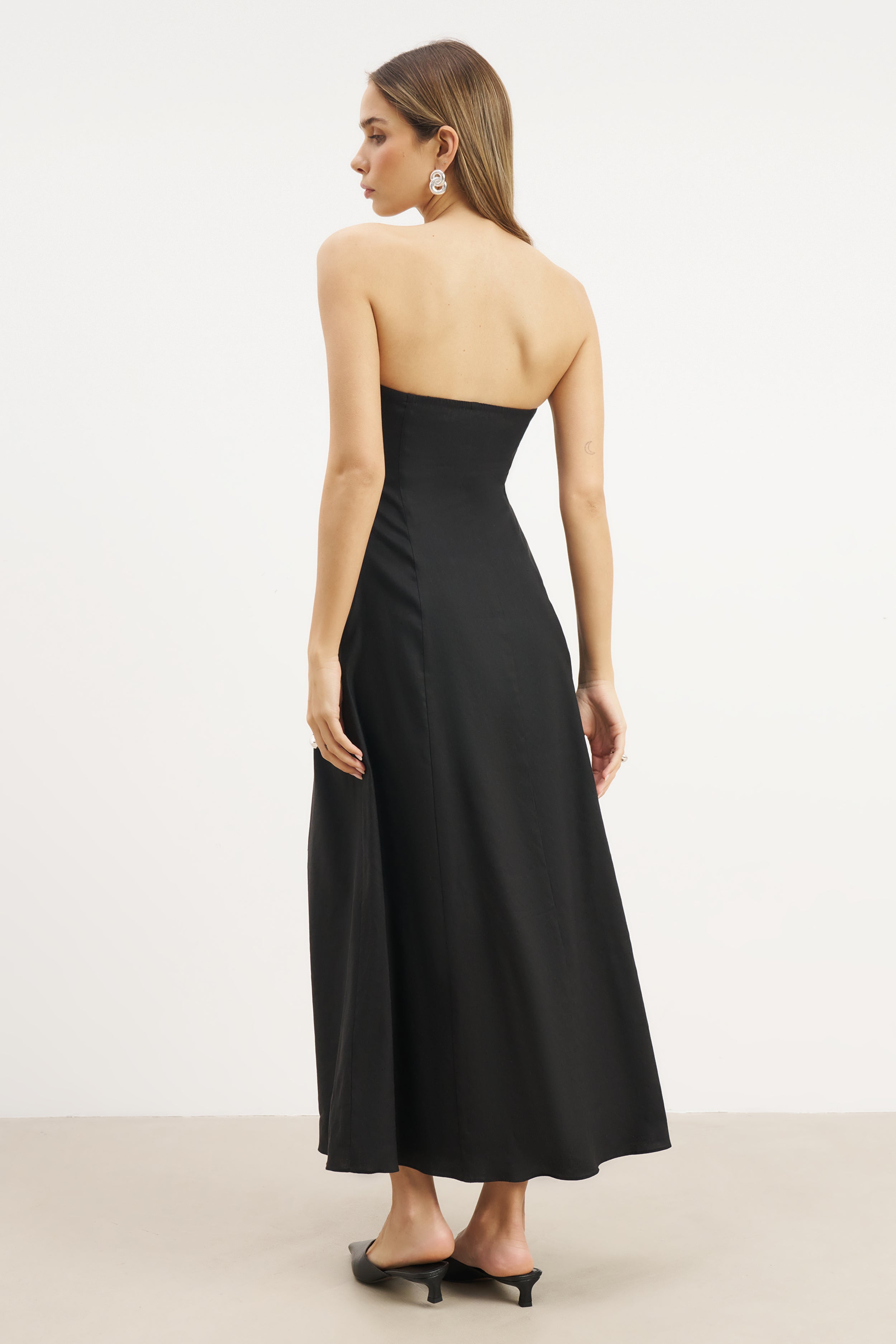 Strapless Linen A Line Maxi Dress - Black