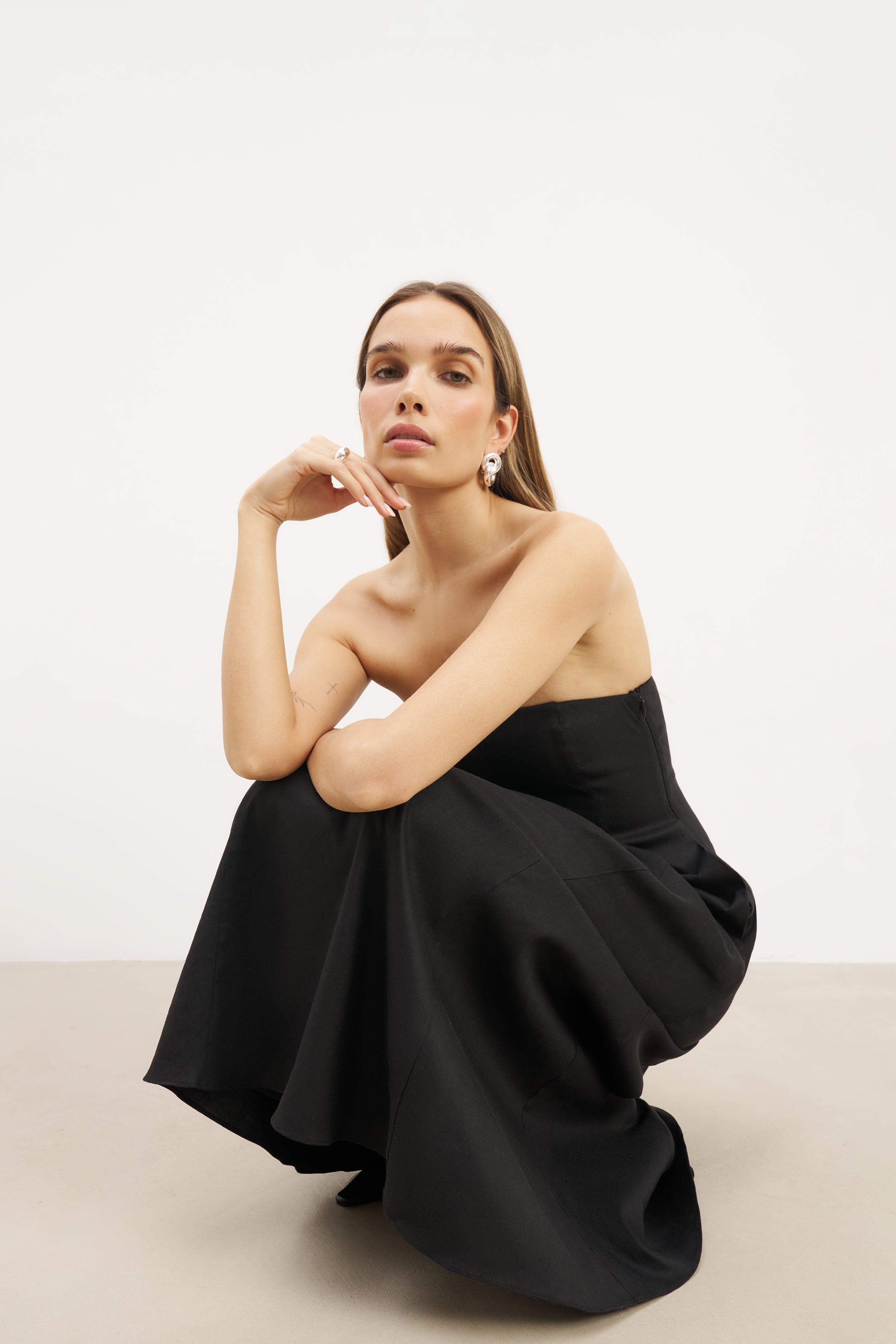 Strapless Linen A Line Maxi Dress - Black