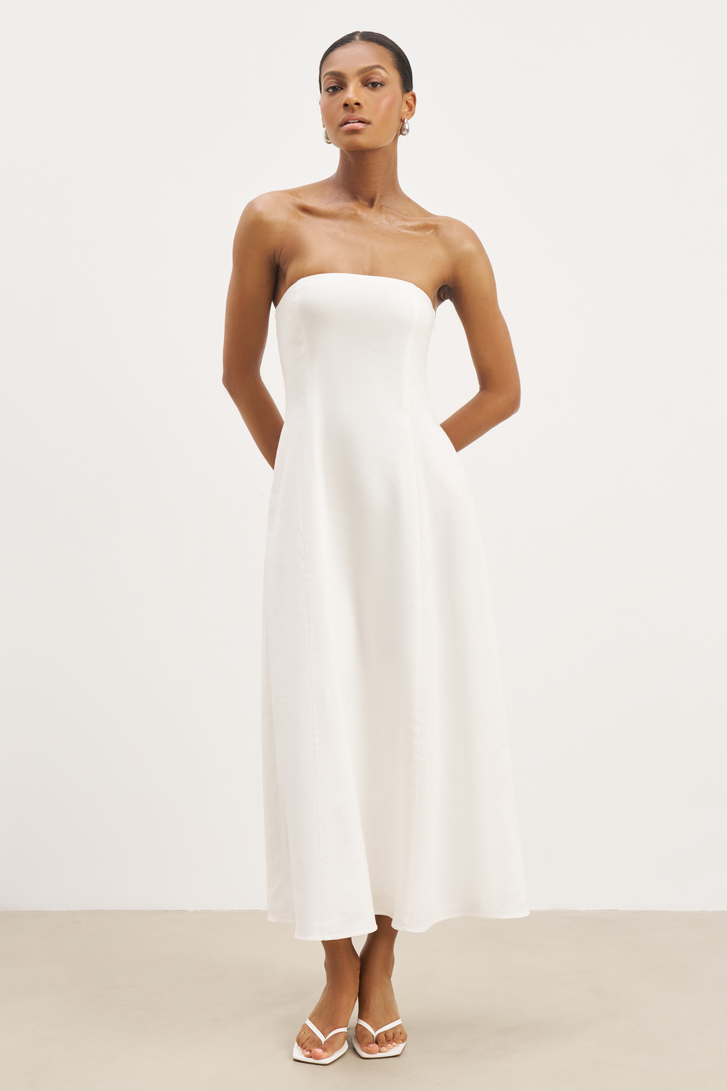 Strapless Linen A Line Maxi Dress - White