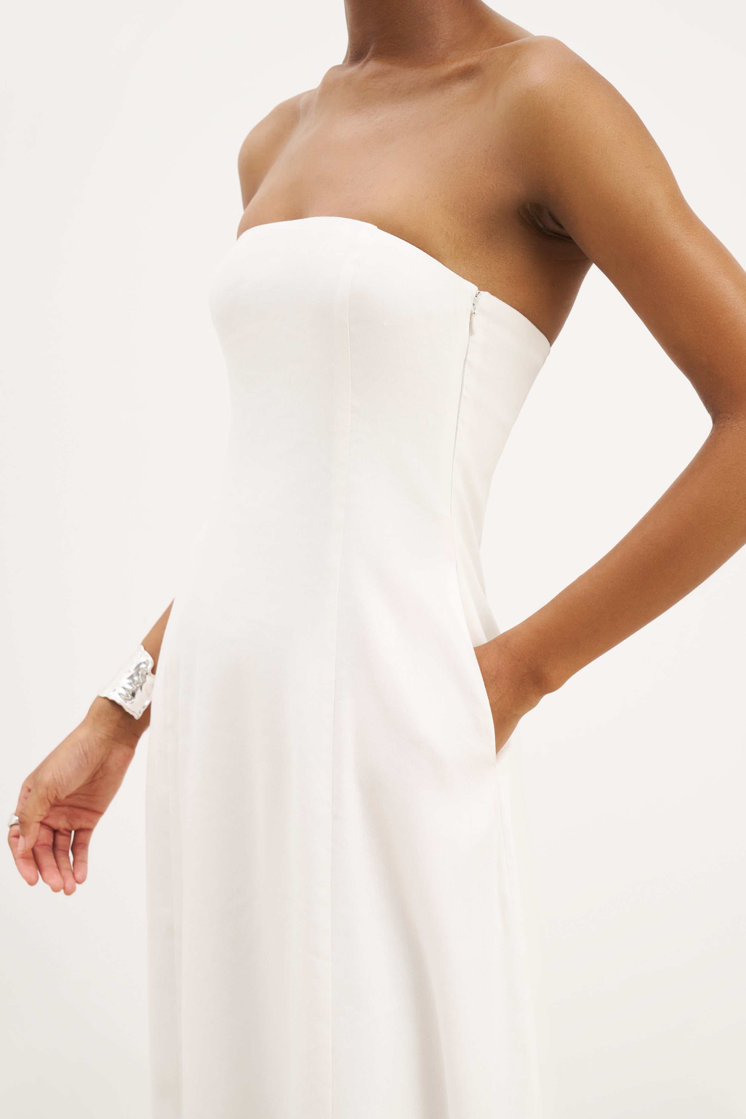 Strapless Linen A Line Maxi Dress - White