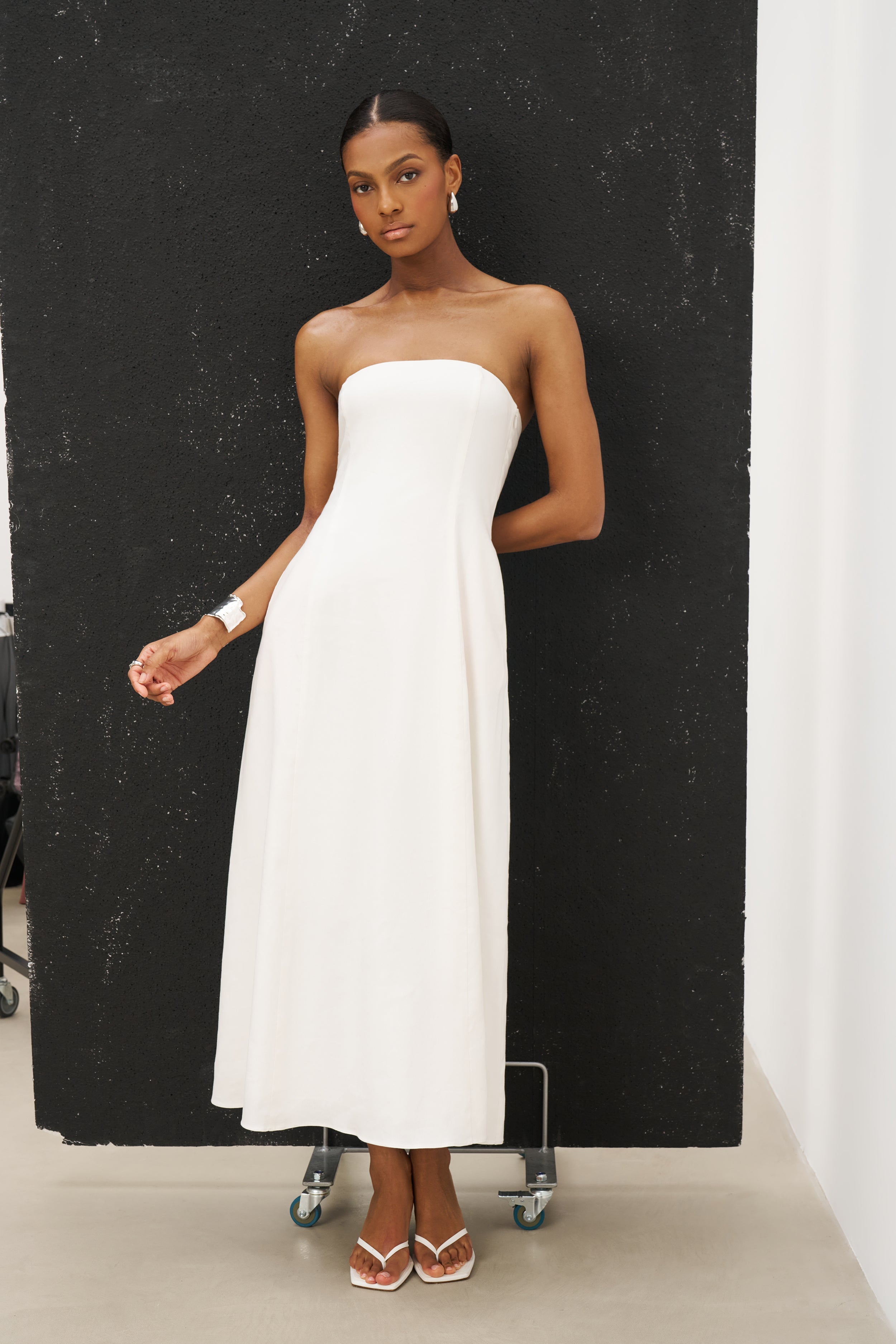 Strapless Linen A Line Maxi Dress - White