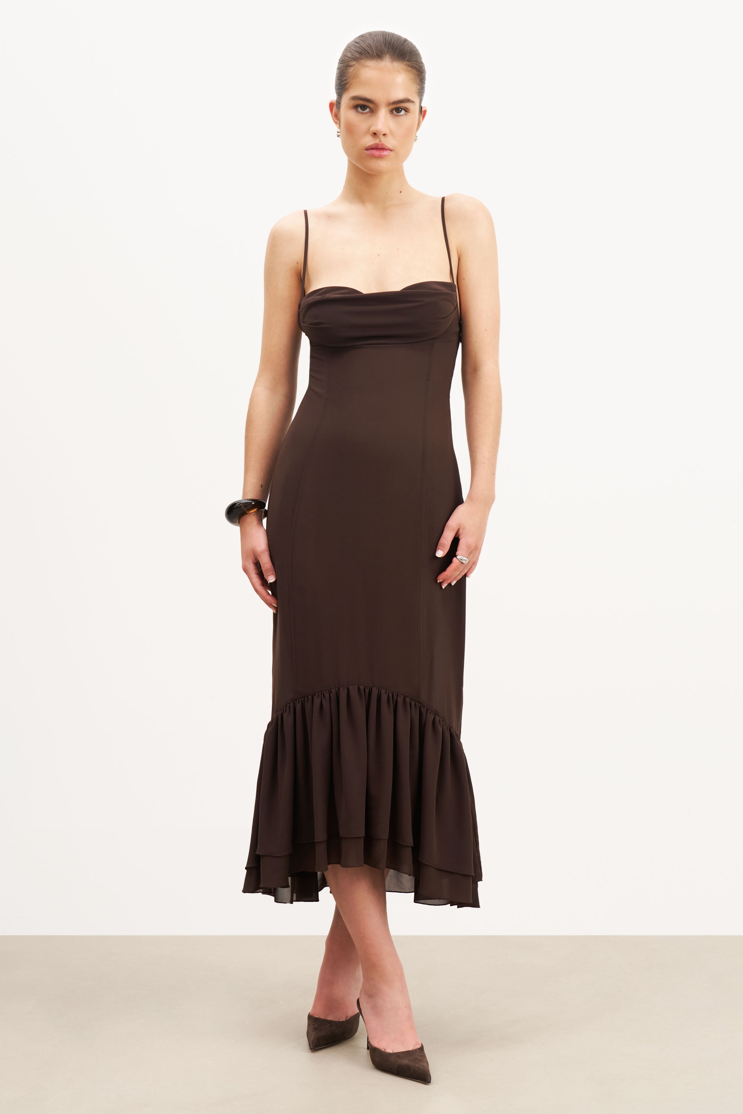 Chiffon Ruffle Ruched Bust Midi Dress - Carob