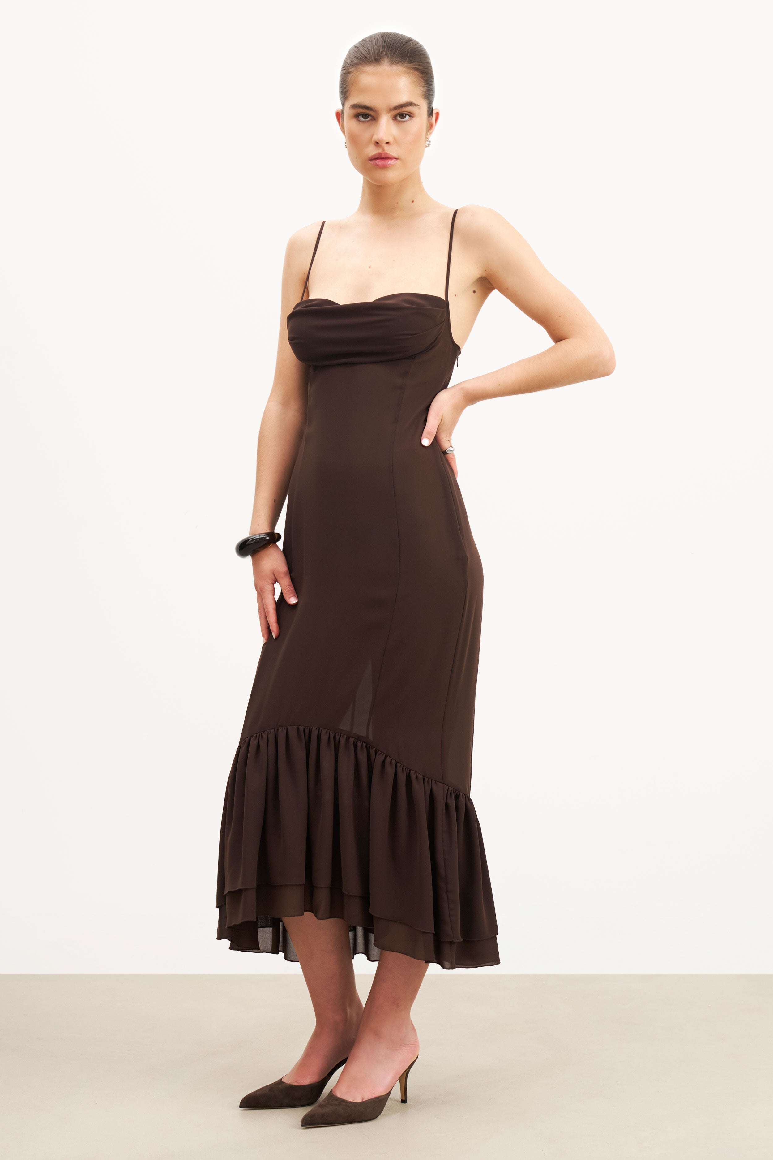 Chiffon Ruffle Ruched Bust Midi Dress - Carob