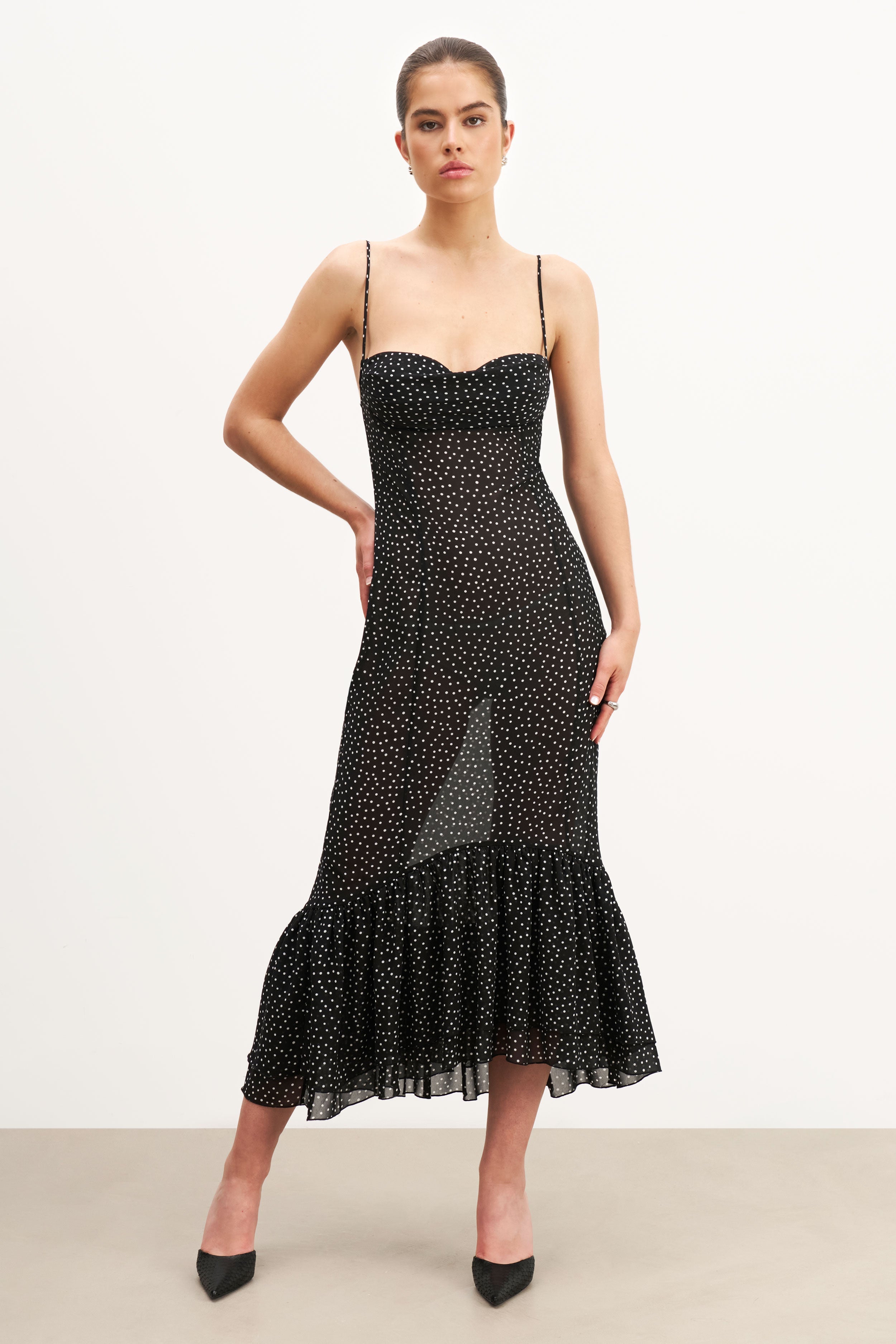 Chiffon Ruffle Ruched Bust Midi Dress - Mini Polka Dot