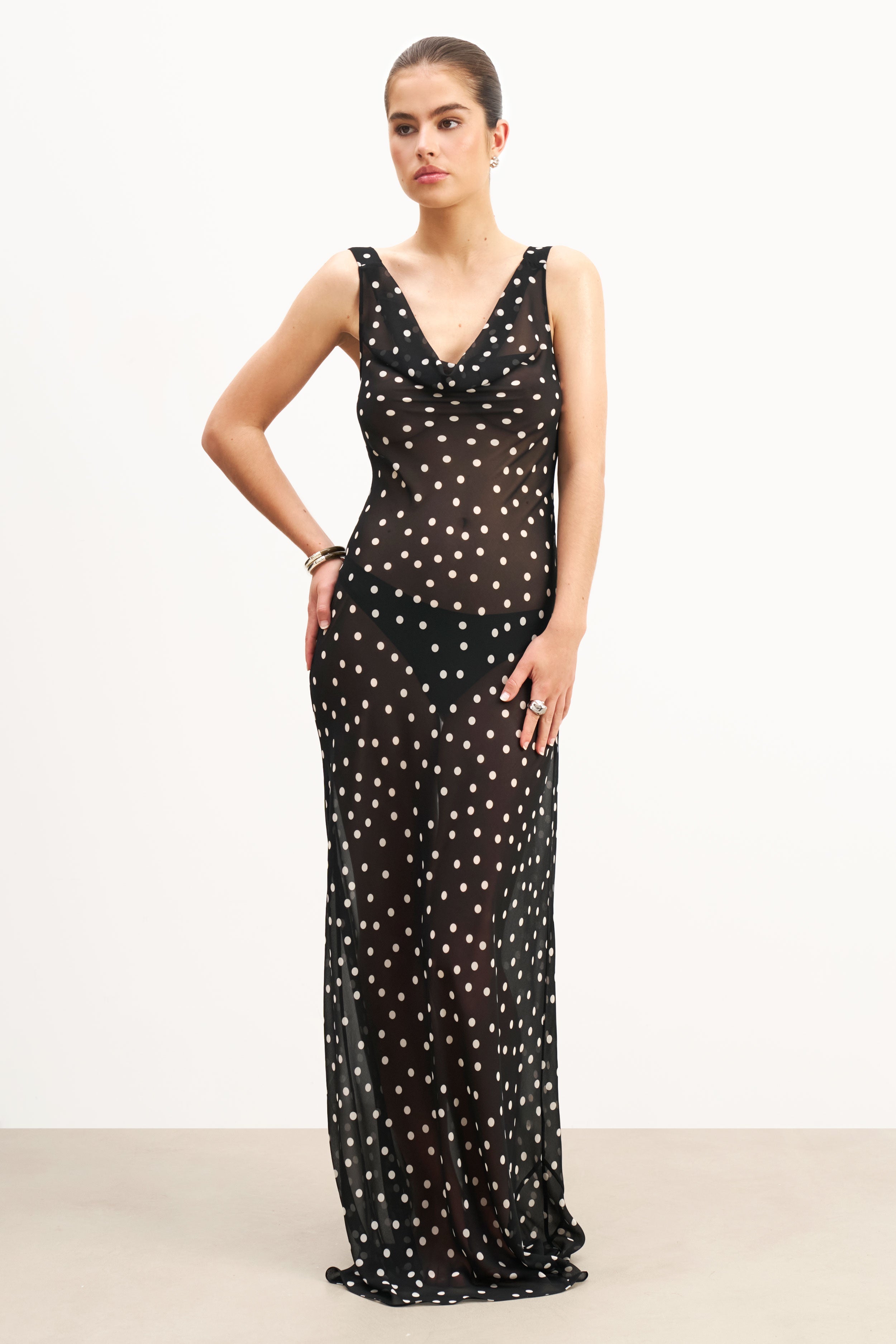 Chiffon Cowl Neck Gown - Maxi Polka Dot