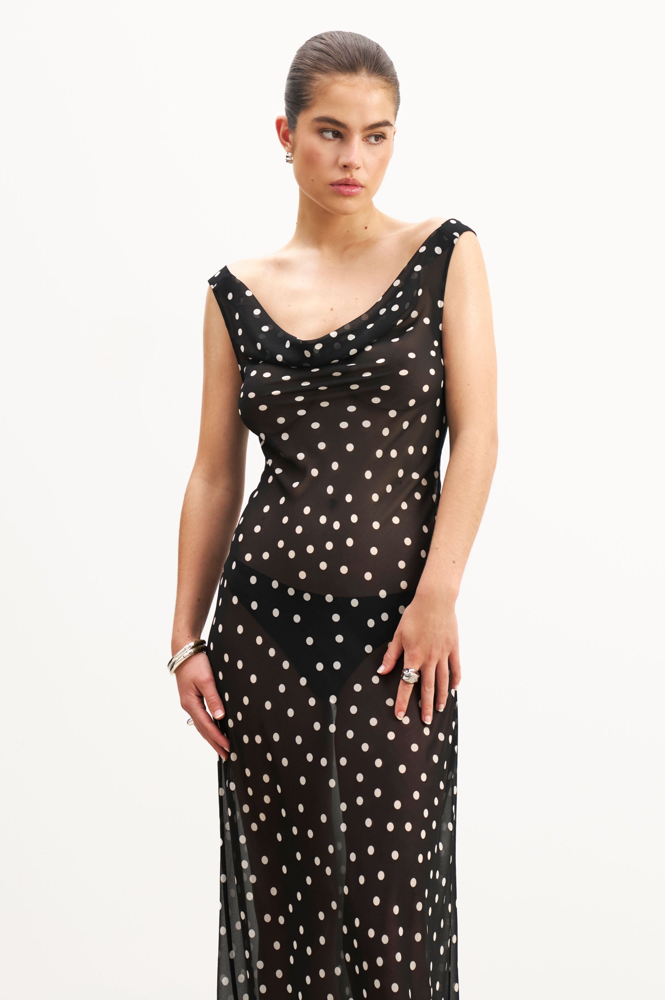 Chiffon Cowl Neck Gown - Maxi Polka Dot