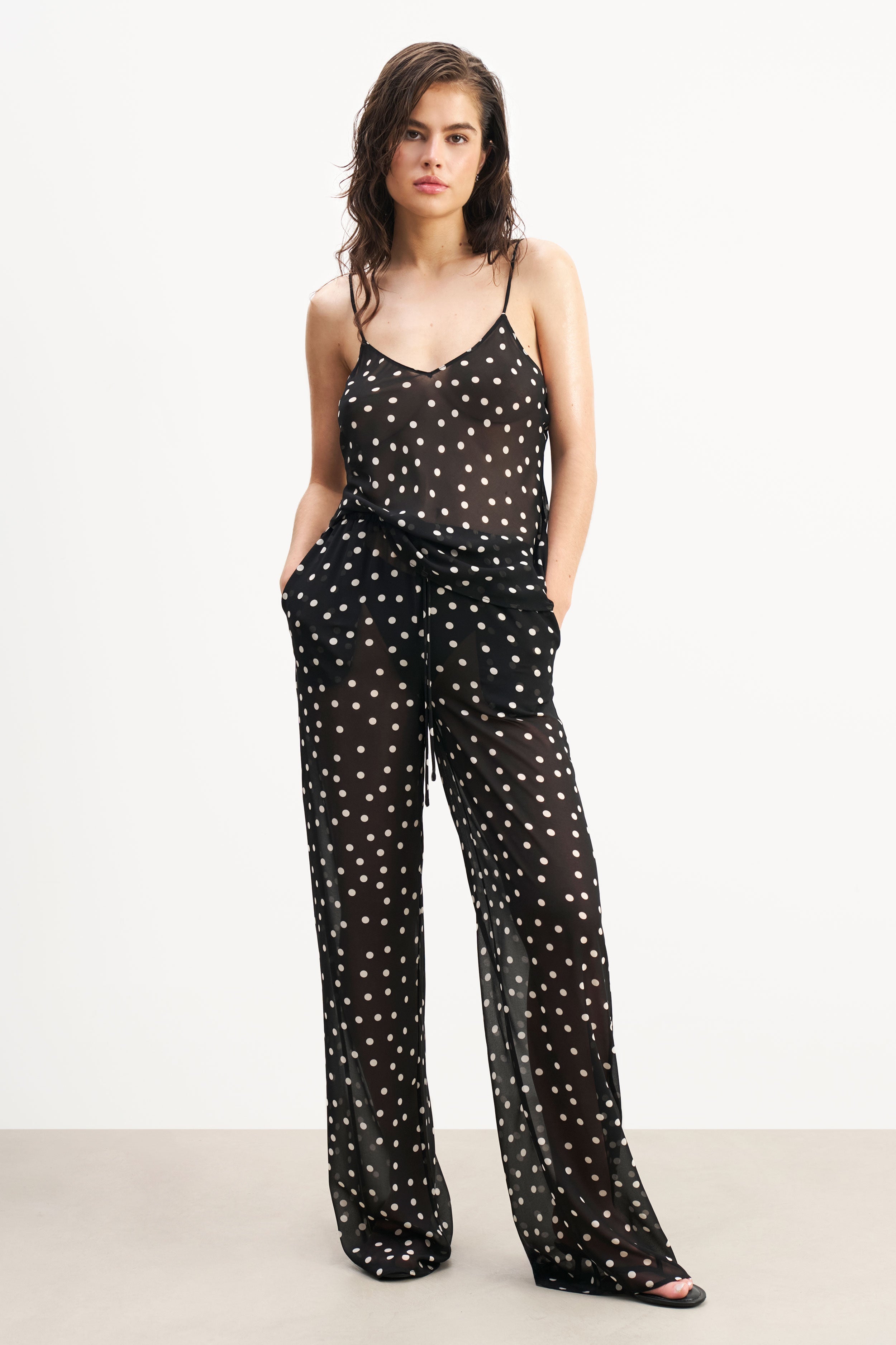Chiffon Relaxed Wide Leg Trousers - Maxi Polka Dot