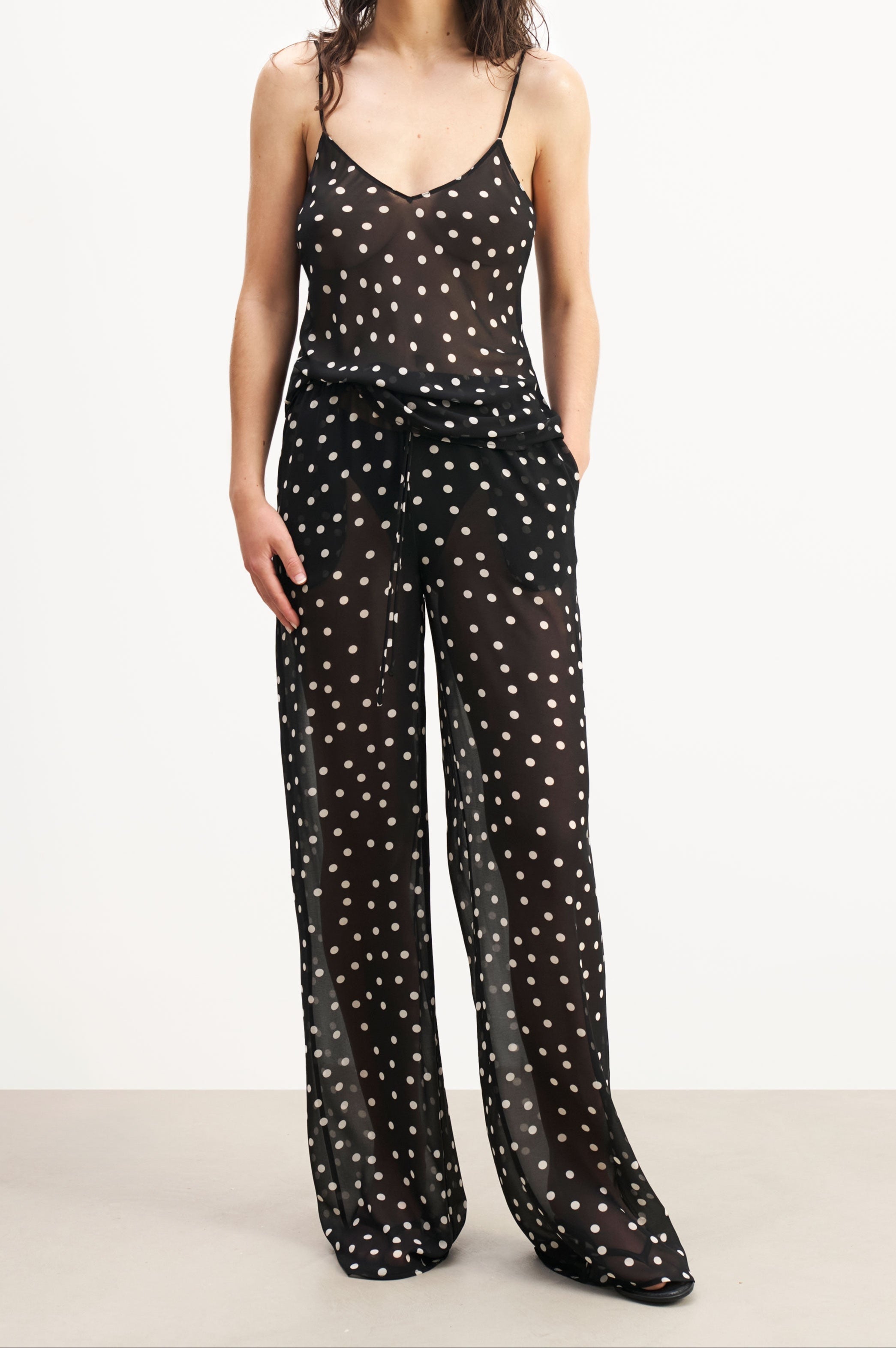 Chiffon Relaxed Wide Leg Trousers - Maxi Polka Dot