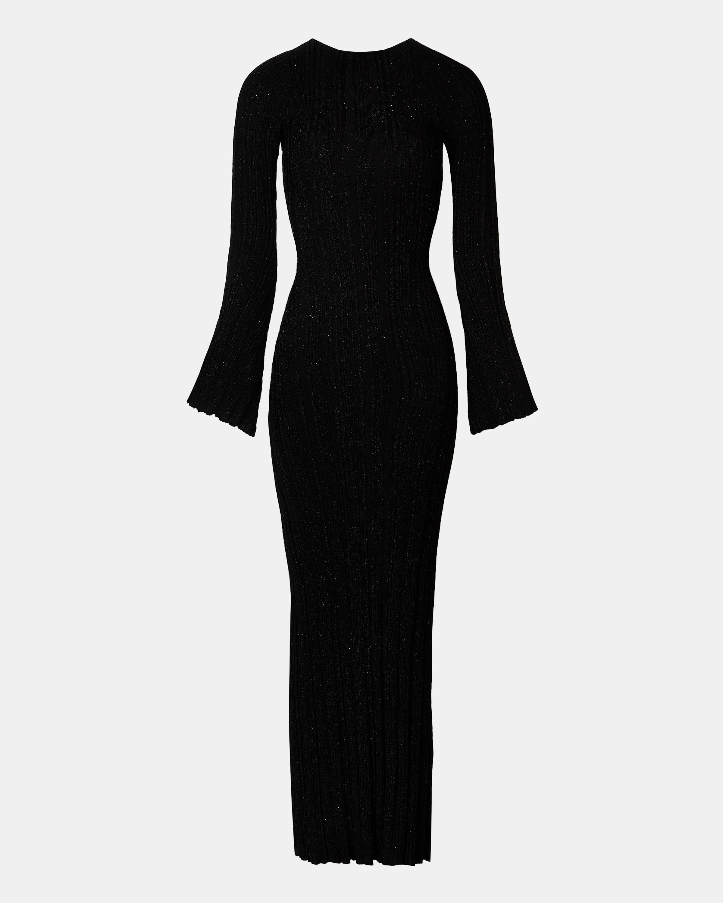 Fine Knit Longsleeve Open Back Maxi Dress - Black Shimmer
