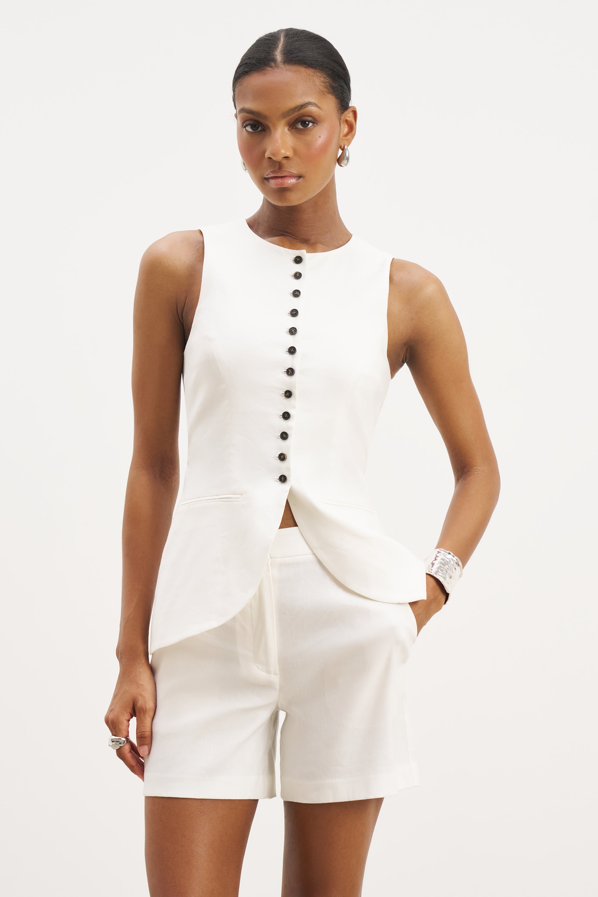 Tailored Linen Peplum Waistcoat - White