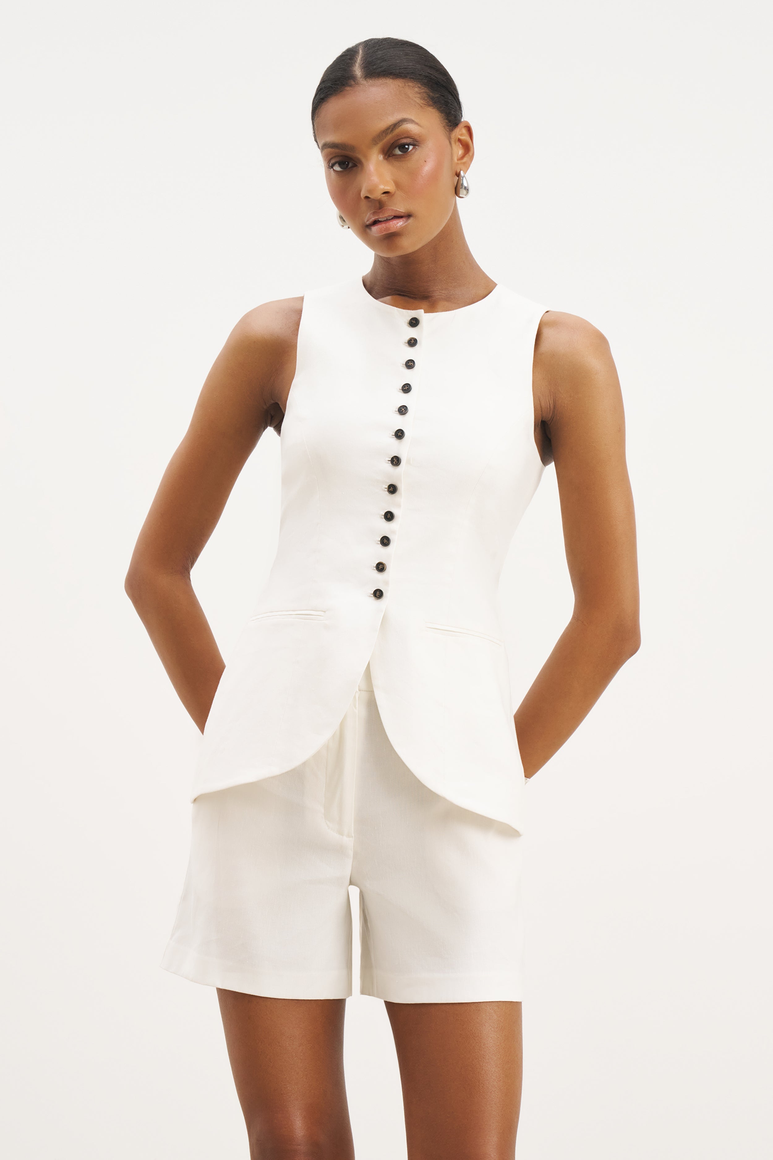 Tailored Linen Peplum Waistcoat - White