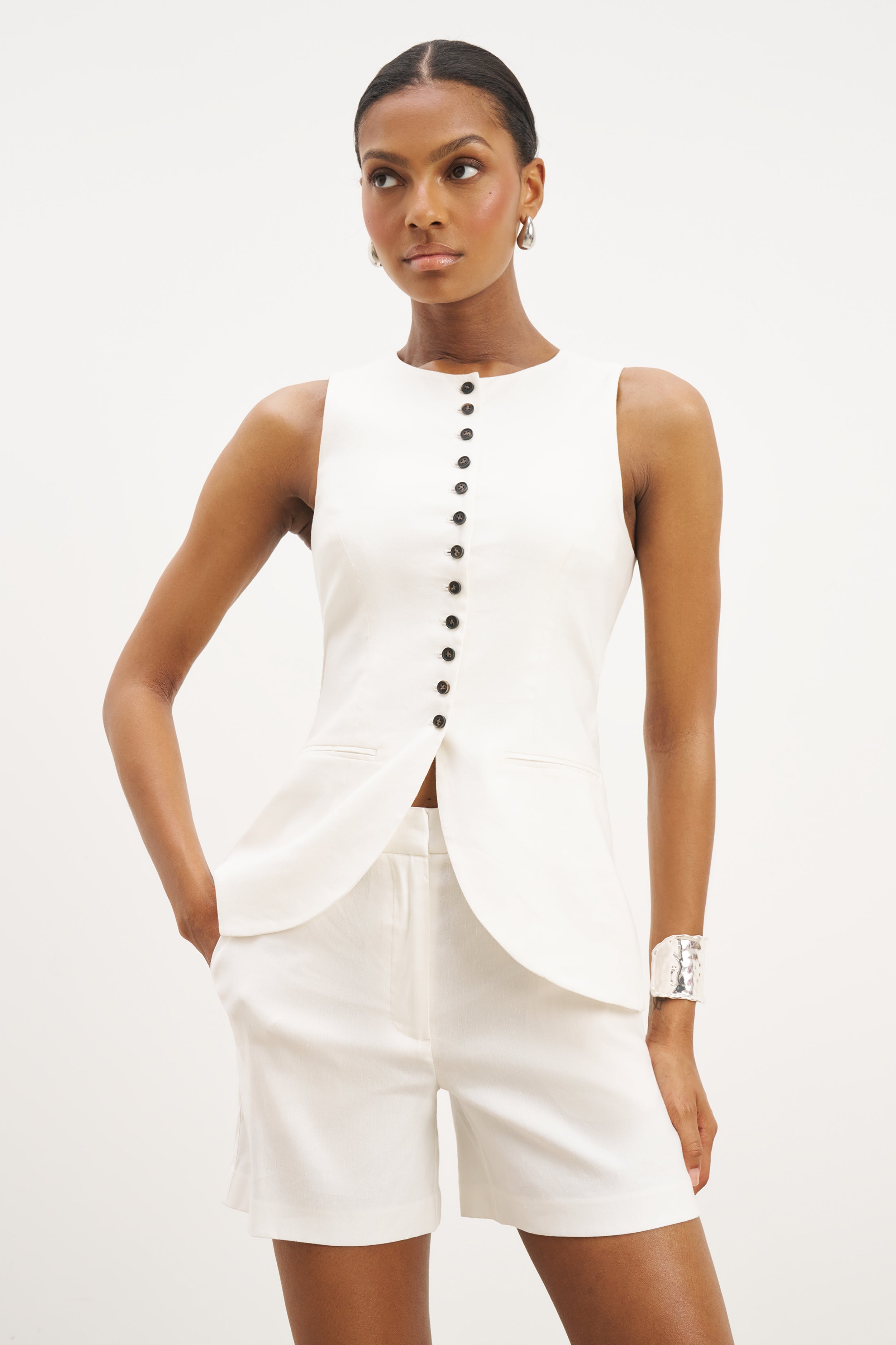 Tailored Linen Peplum Waistcoat - White