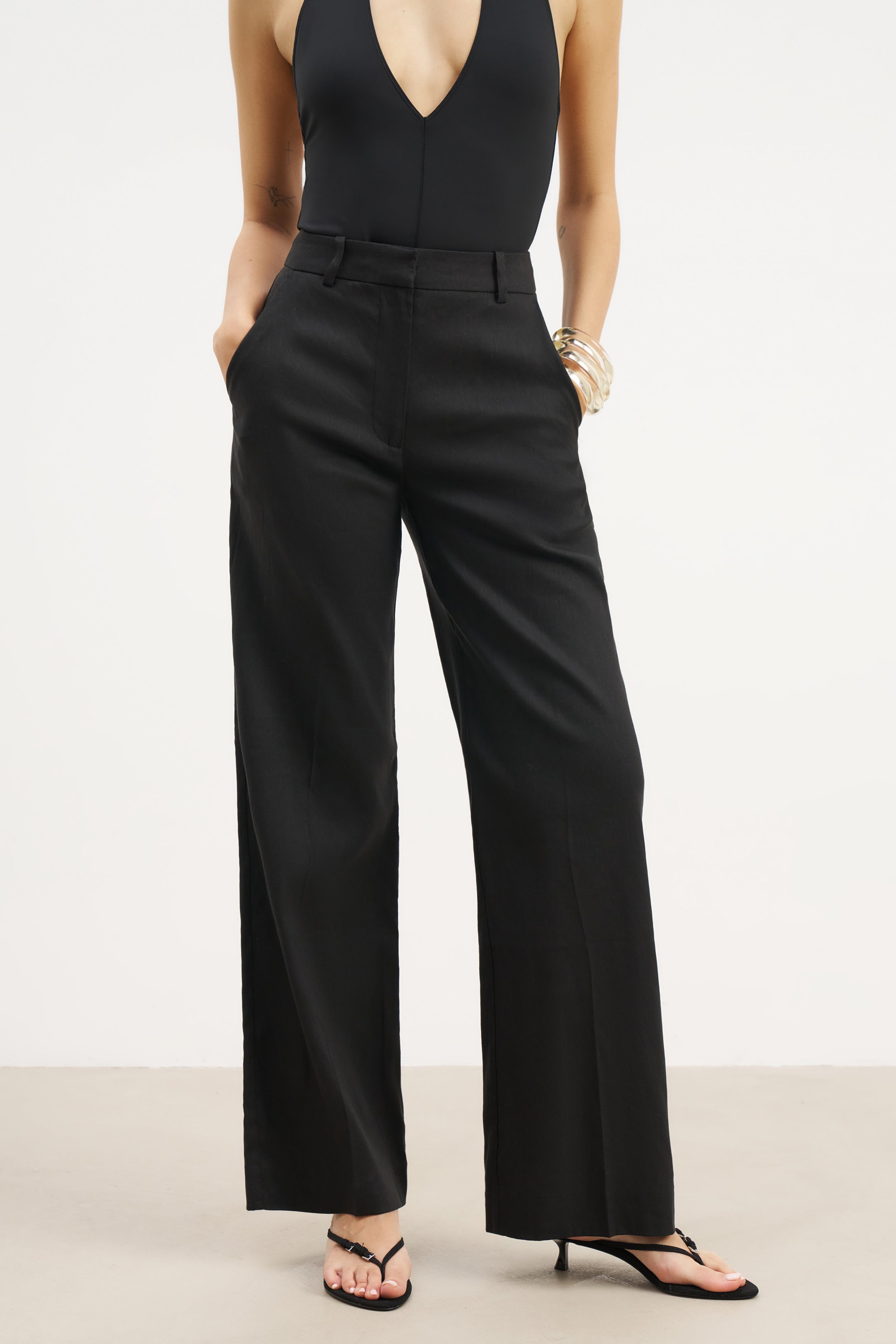 Tailored Linen High Rise Trousers - Black