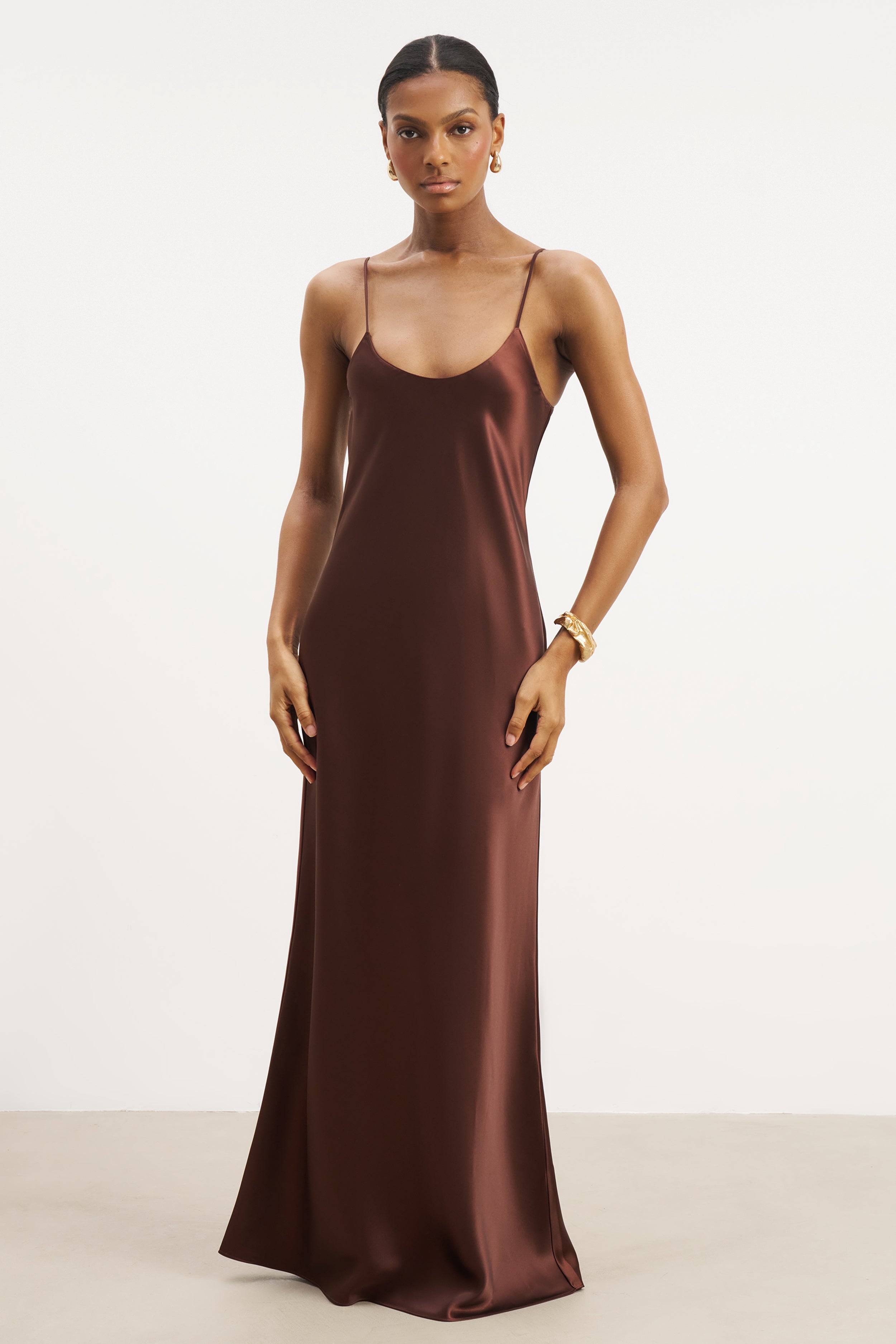 Satin Scoop Neck Camisole Maxi Dress - Carob