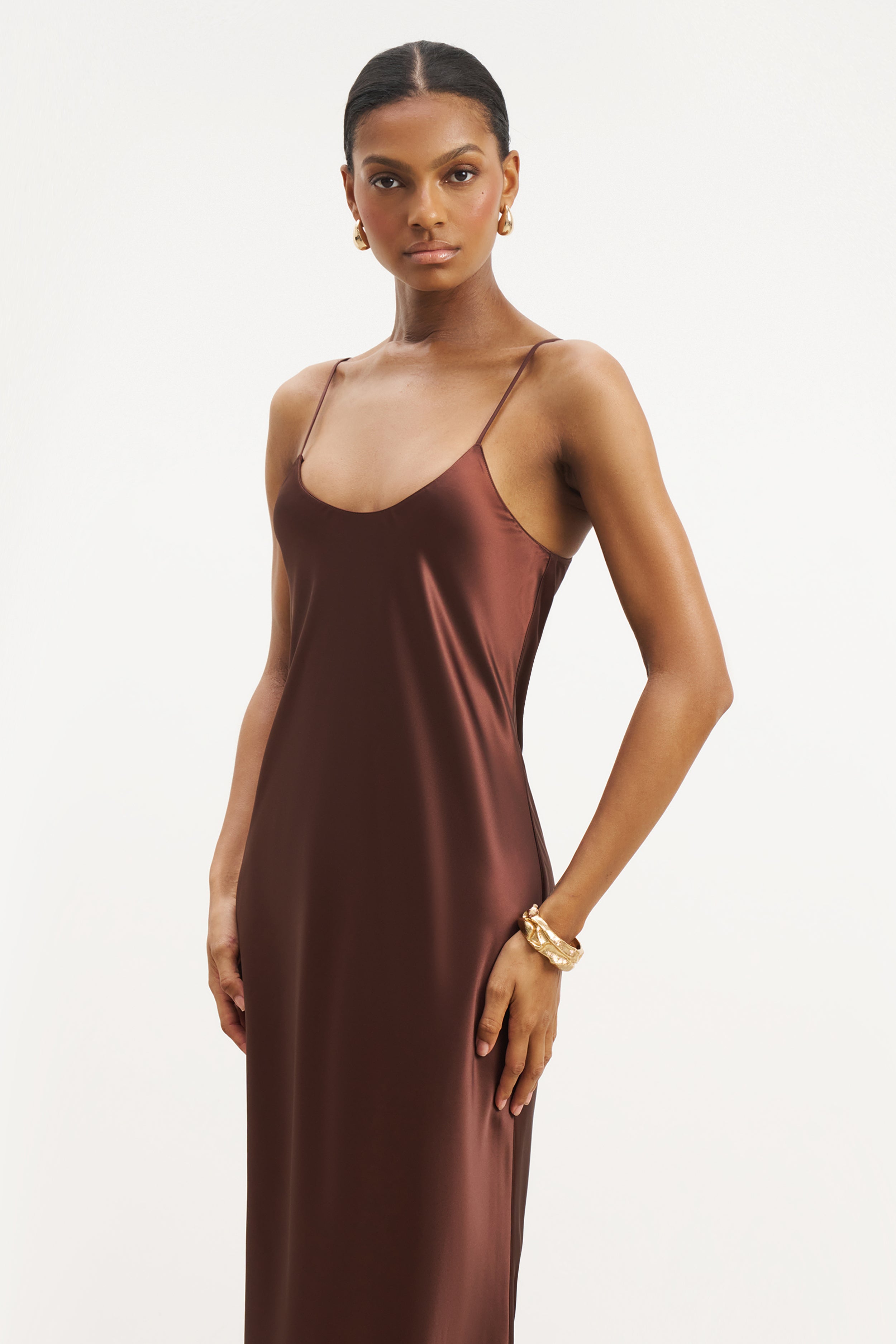 Satin Scoop Neck Camisole Maxi Dress - Carob
