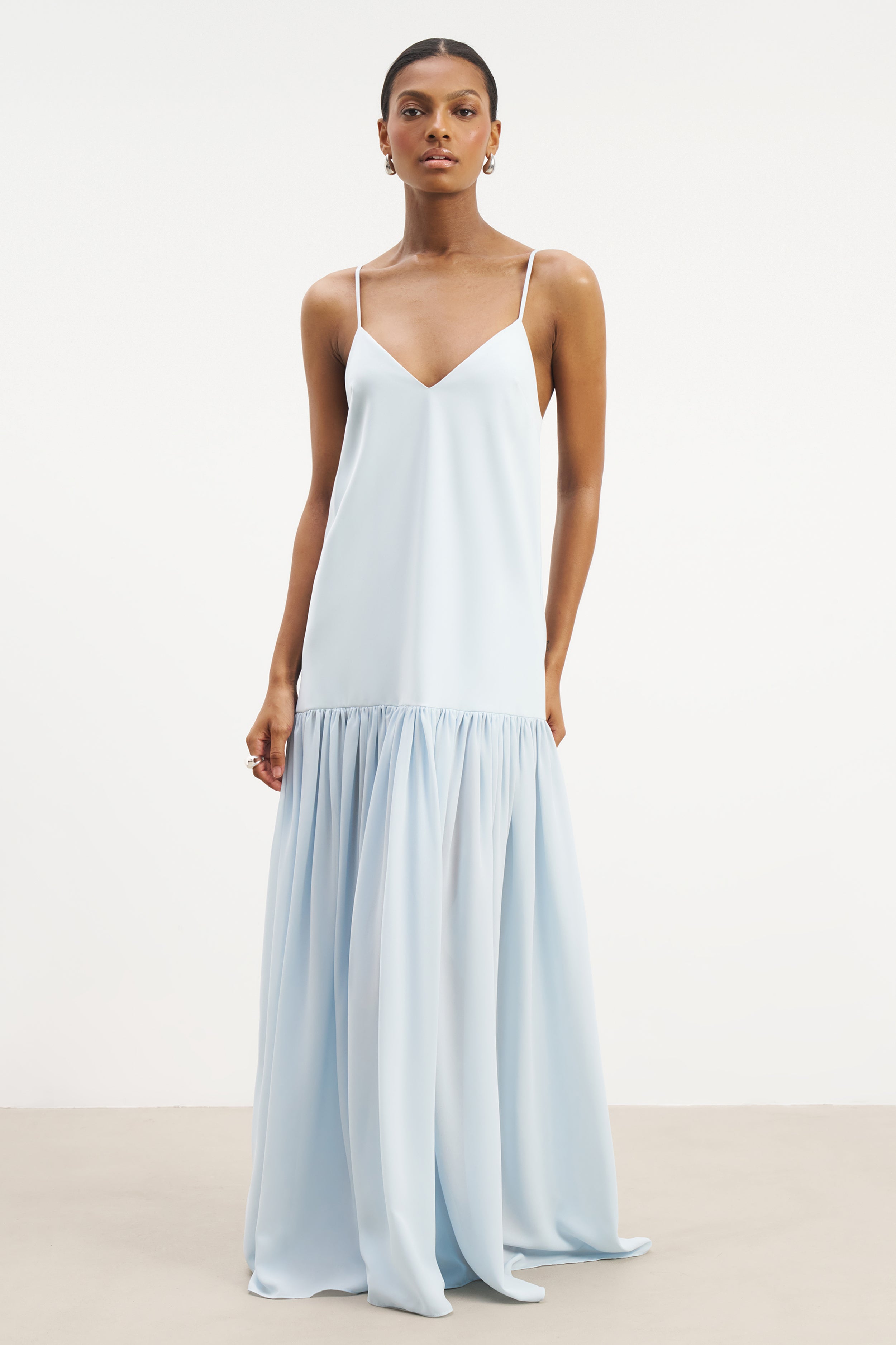 Flowing Dropped Waist Maxi Dress - Powder Blue