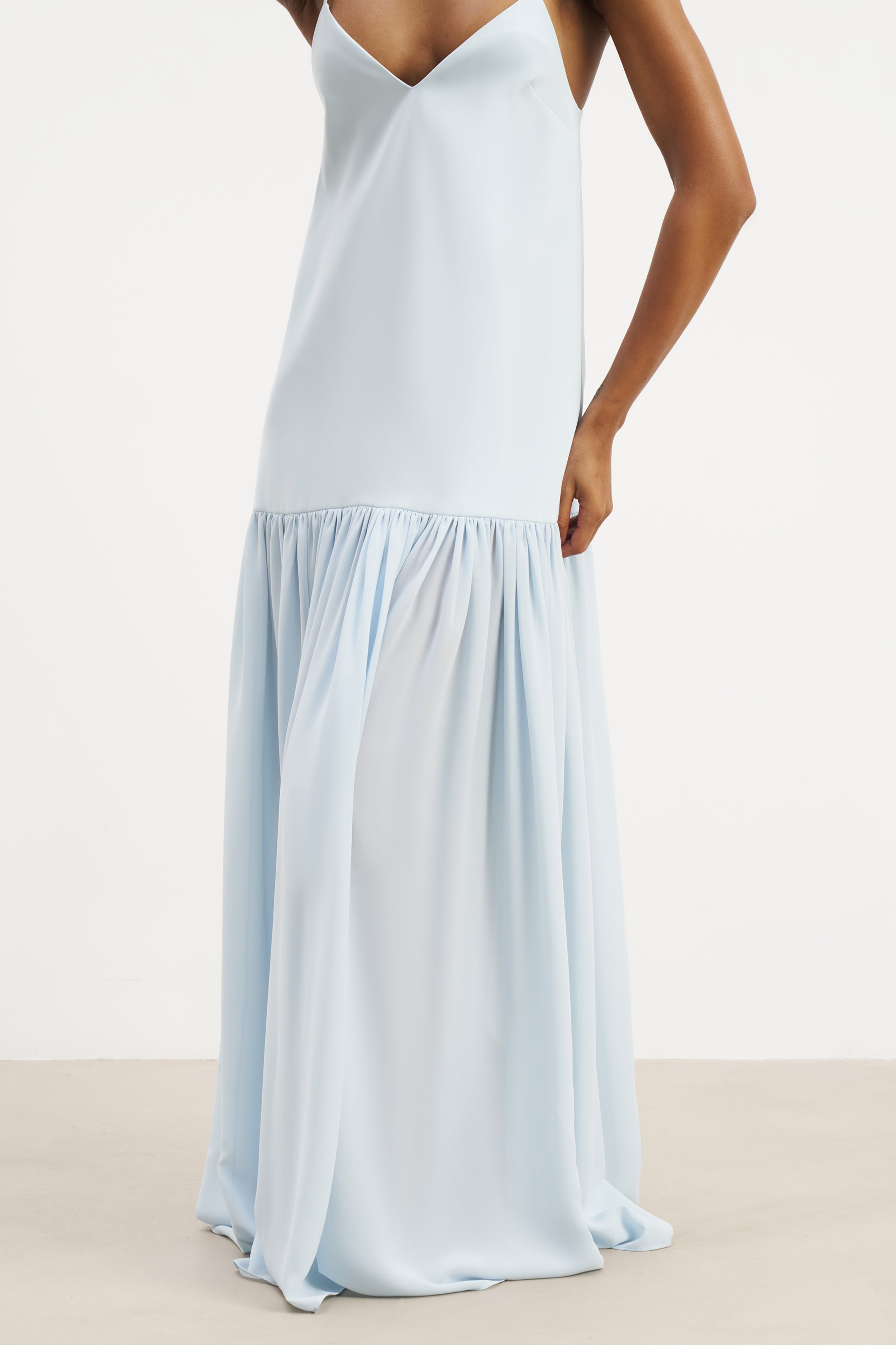 Flowing Dropped Waist Maxi Dress - Powder Blue