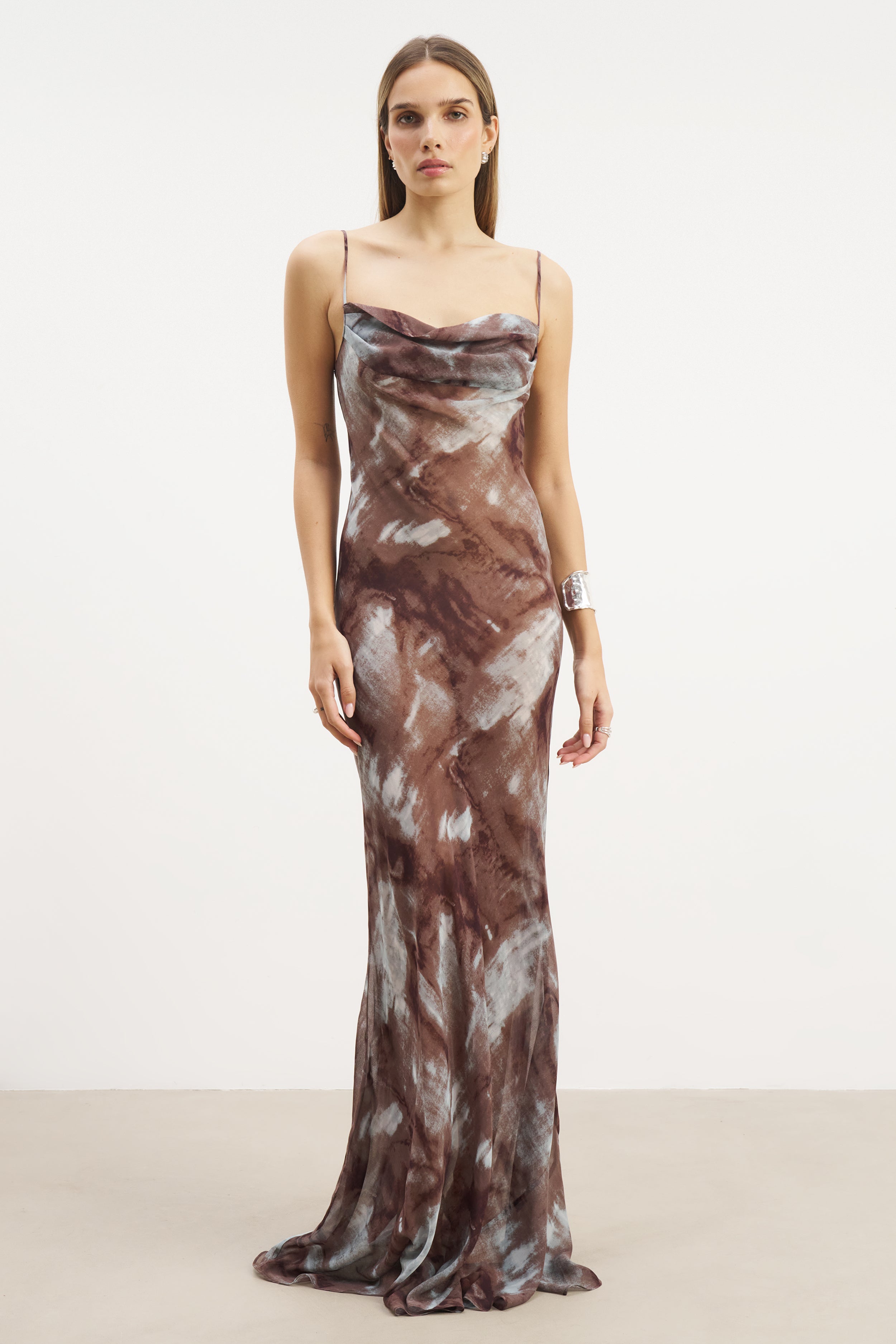 Ruched Chiffon Maxi Dress - Blue Marble