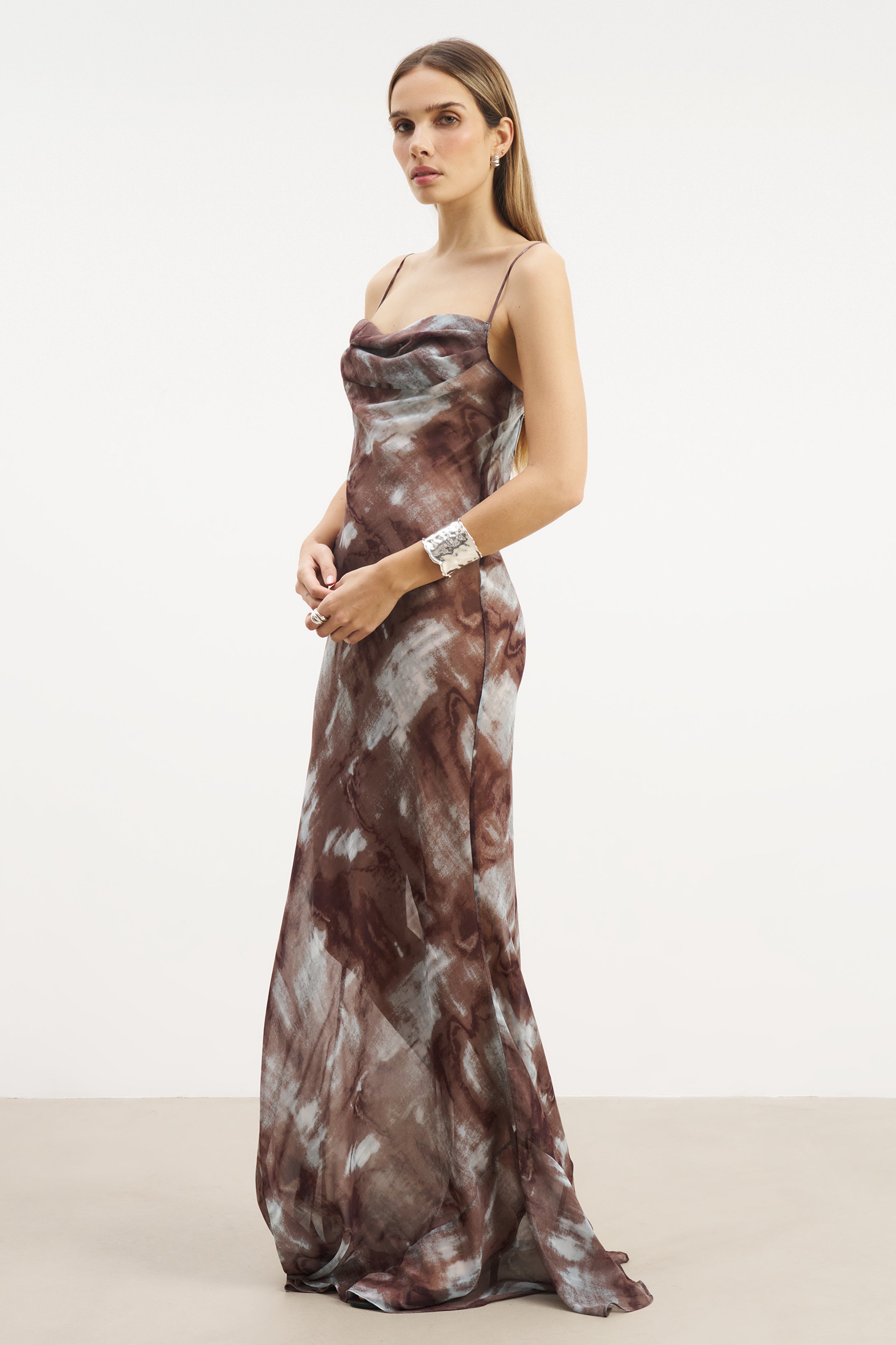 Ruched Chiffon Maxi Dress - Blue Marble