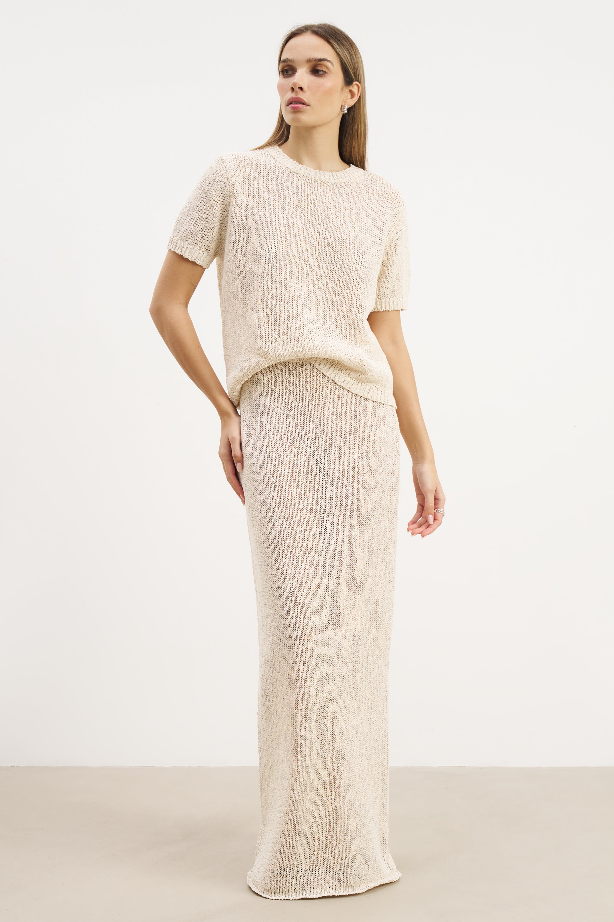 Crochet Knit Relaxed T Shirt - Cream