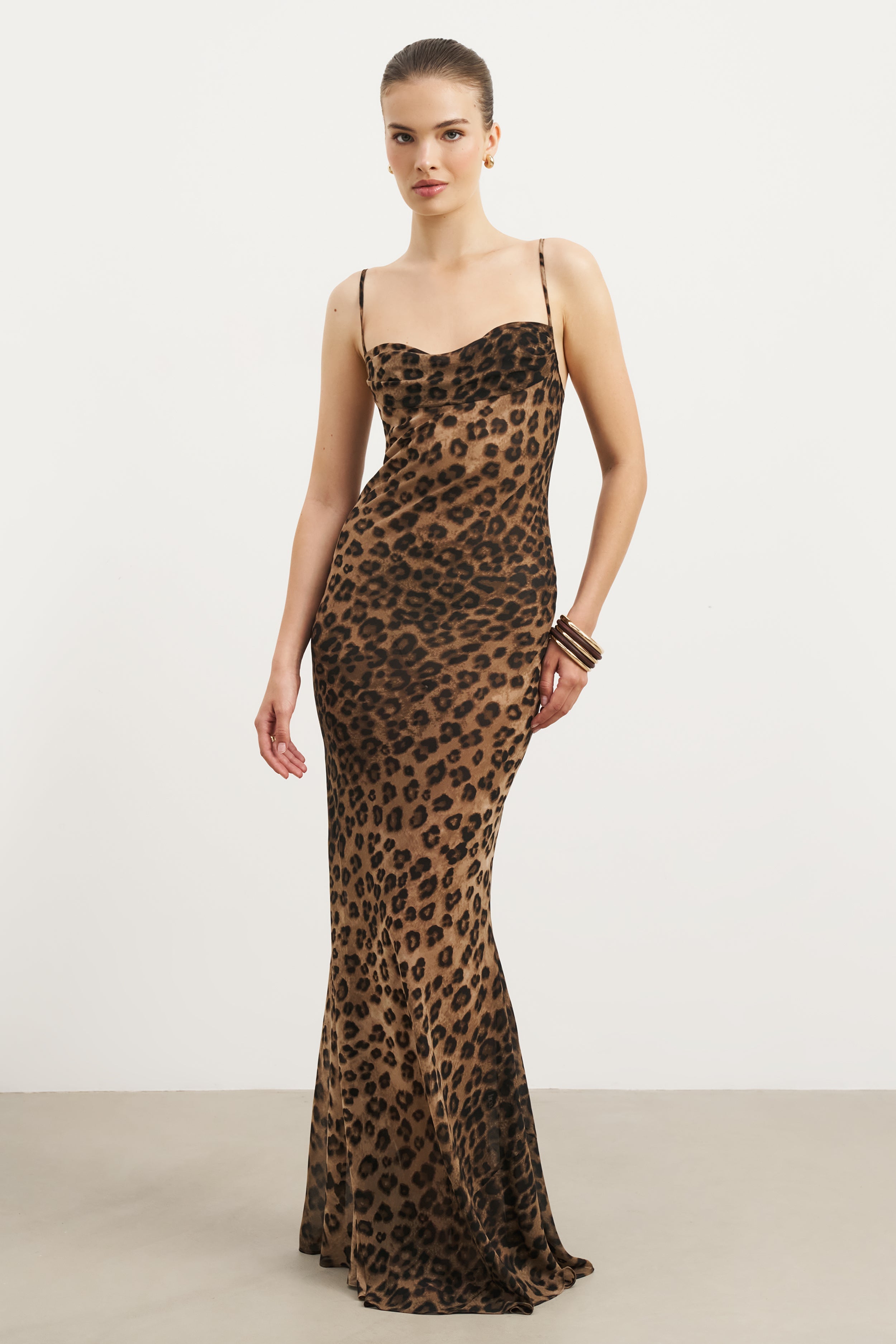 Ruched Chiffon Maxi Dress - Leopard Print