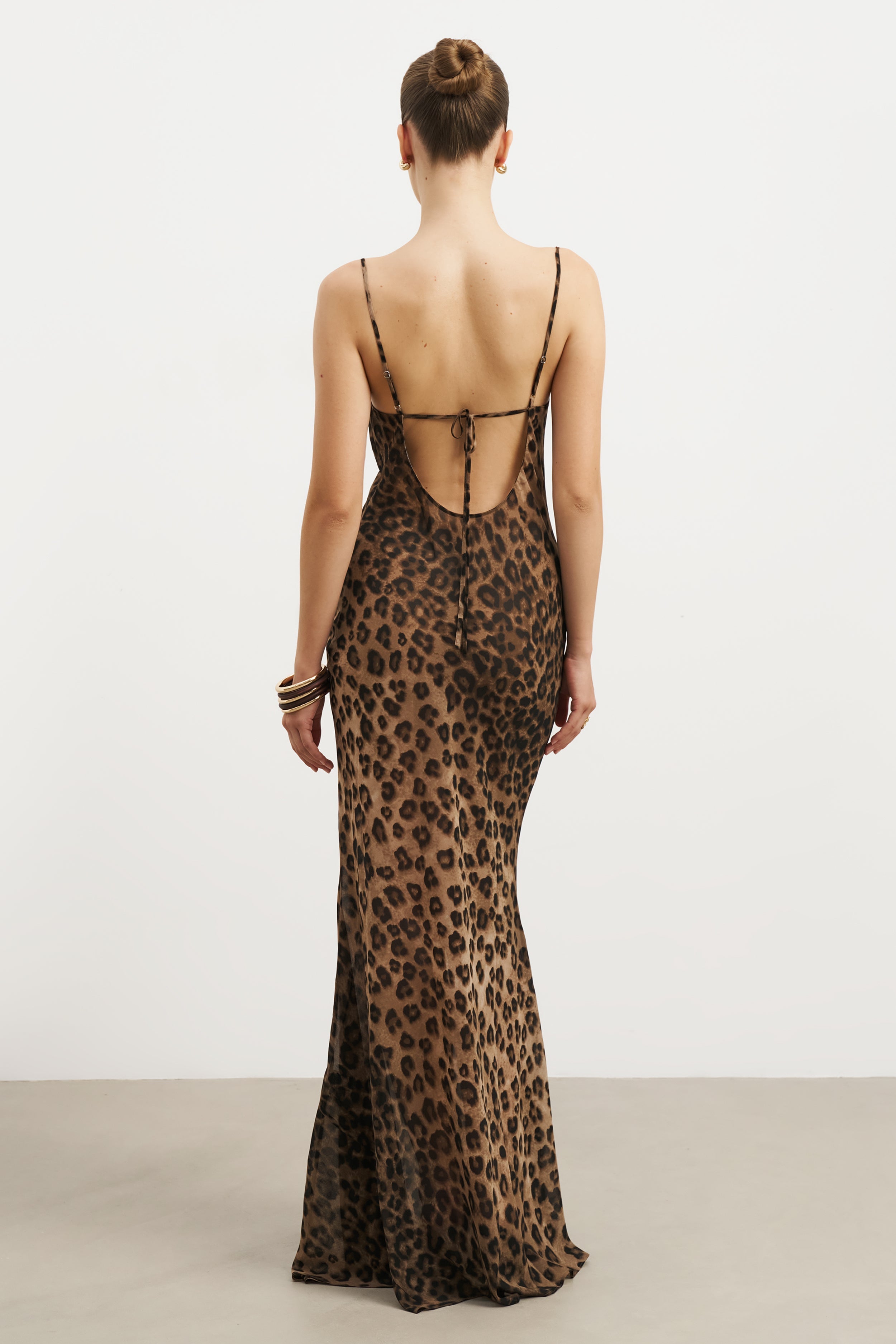 Ruched Chiffon Maxi Dress - Leopard Print