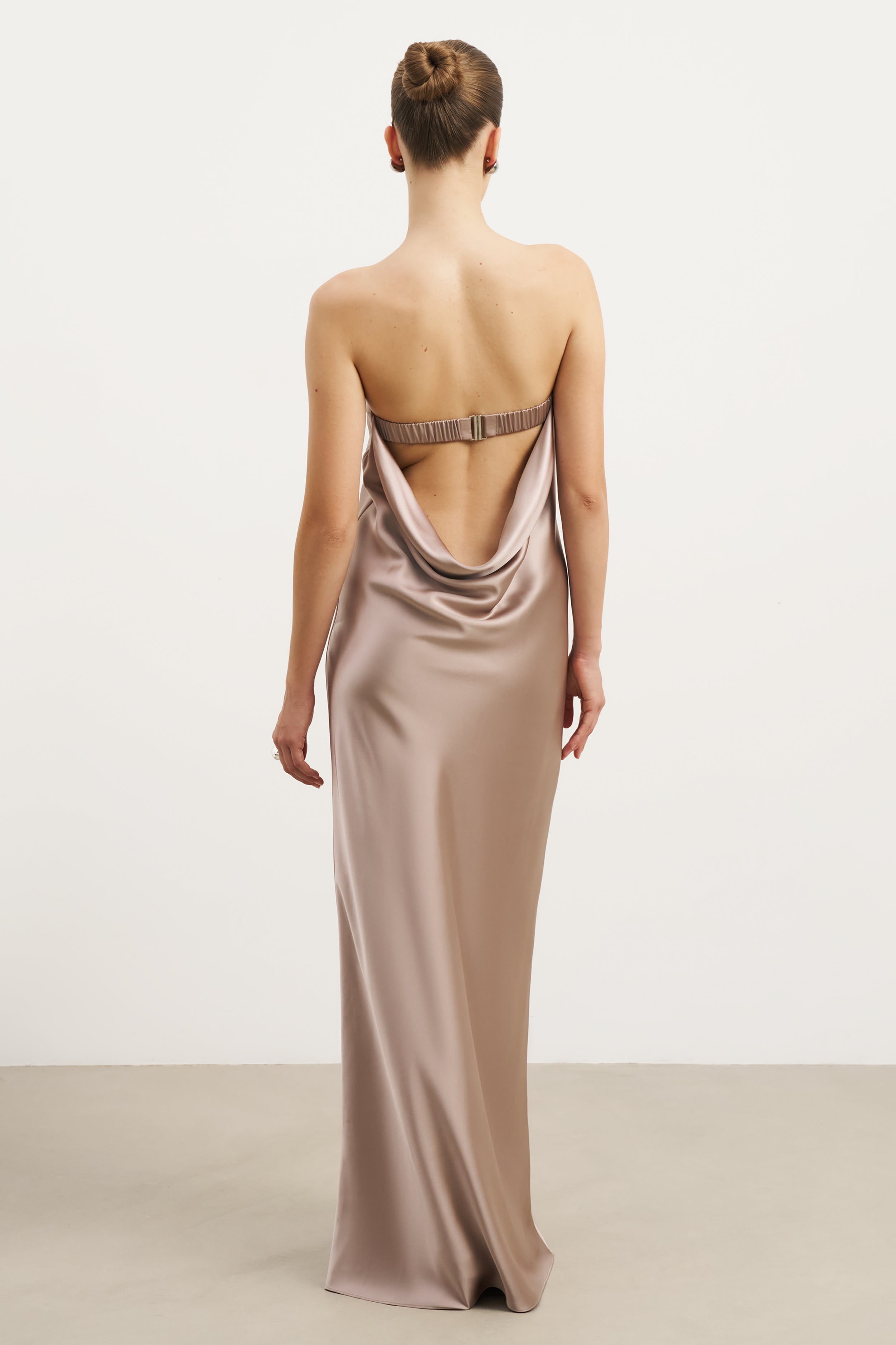 Satin Cowl Back Maxi Dress - Taupe