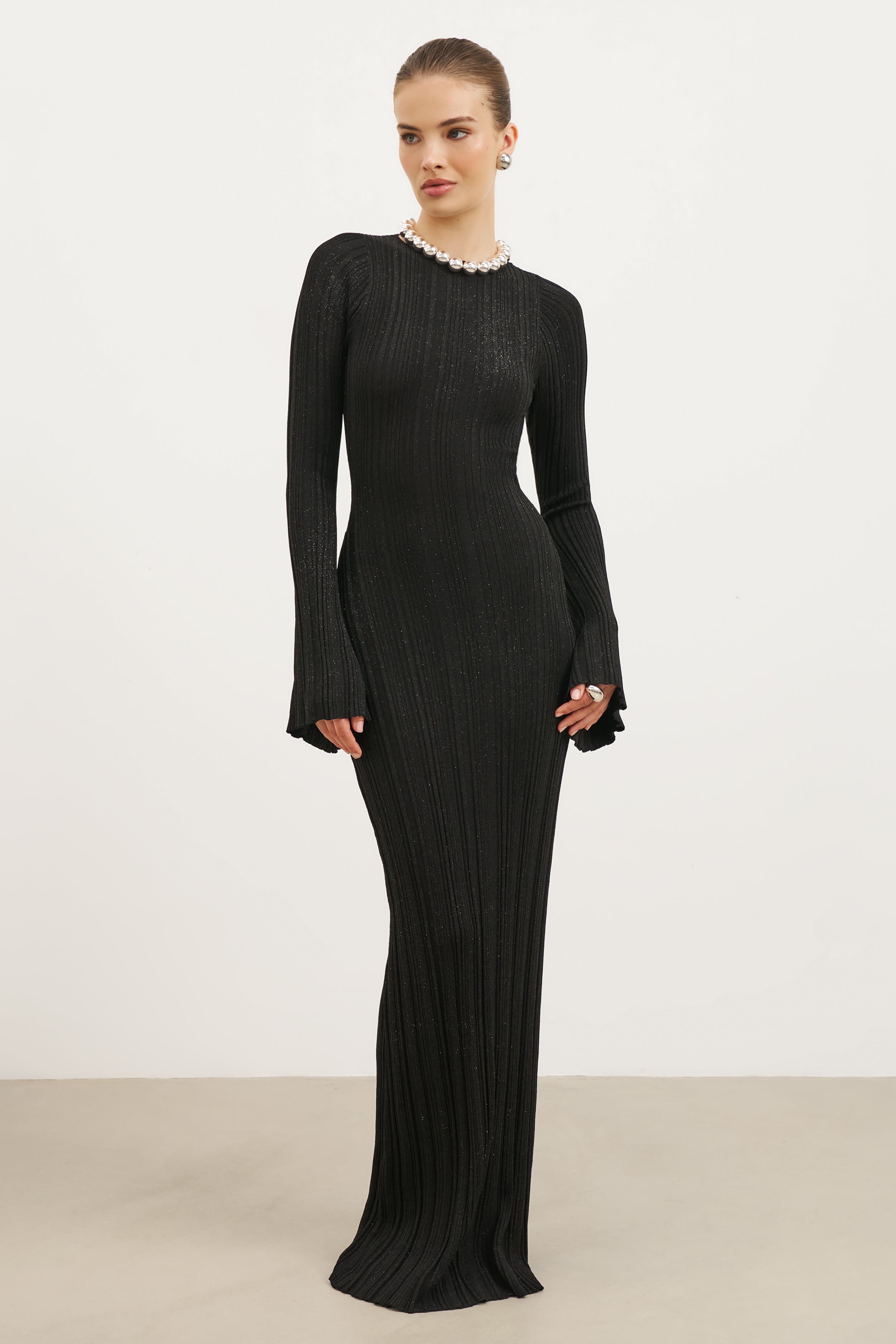 Fine Knit Longsleeve Open Back Maxi Dress - Black Shimmer