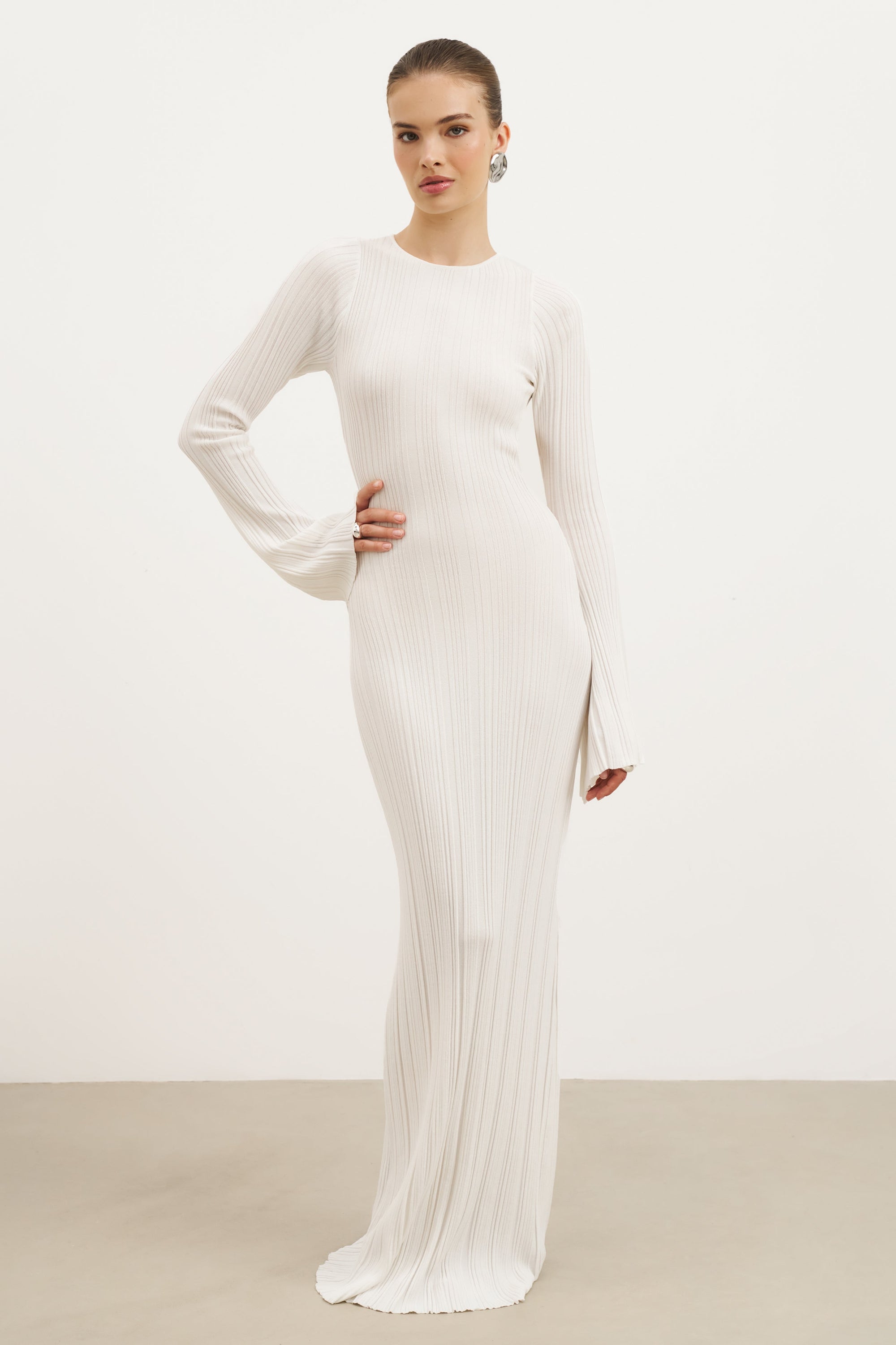 Fine Knit Longsleeve Open Back Maxi Dress - White Shimmer