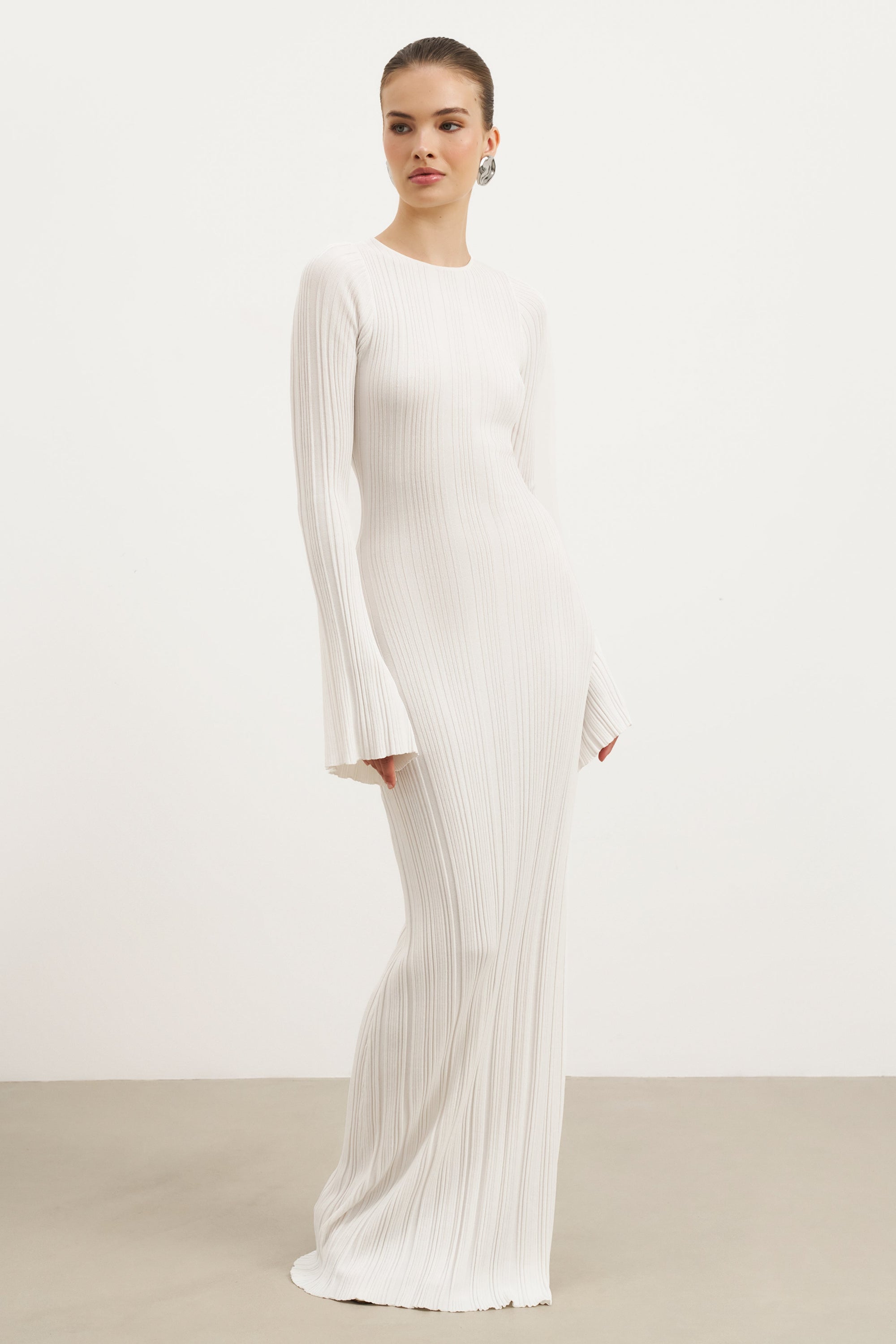 Fine Knit Longsleeve Open Back Maxi Dress - White Shimmer