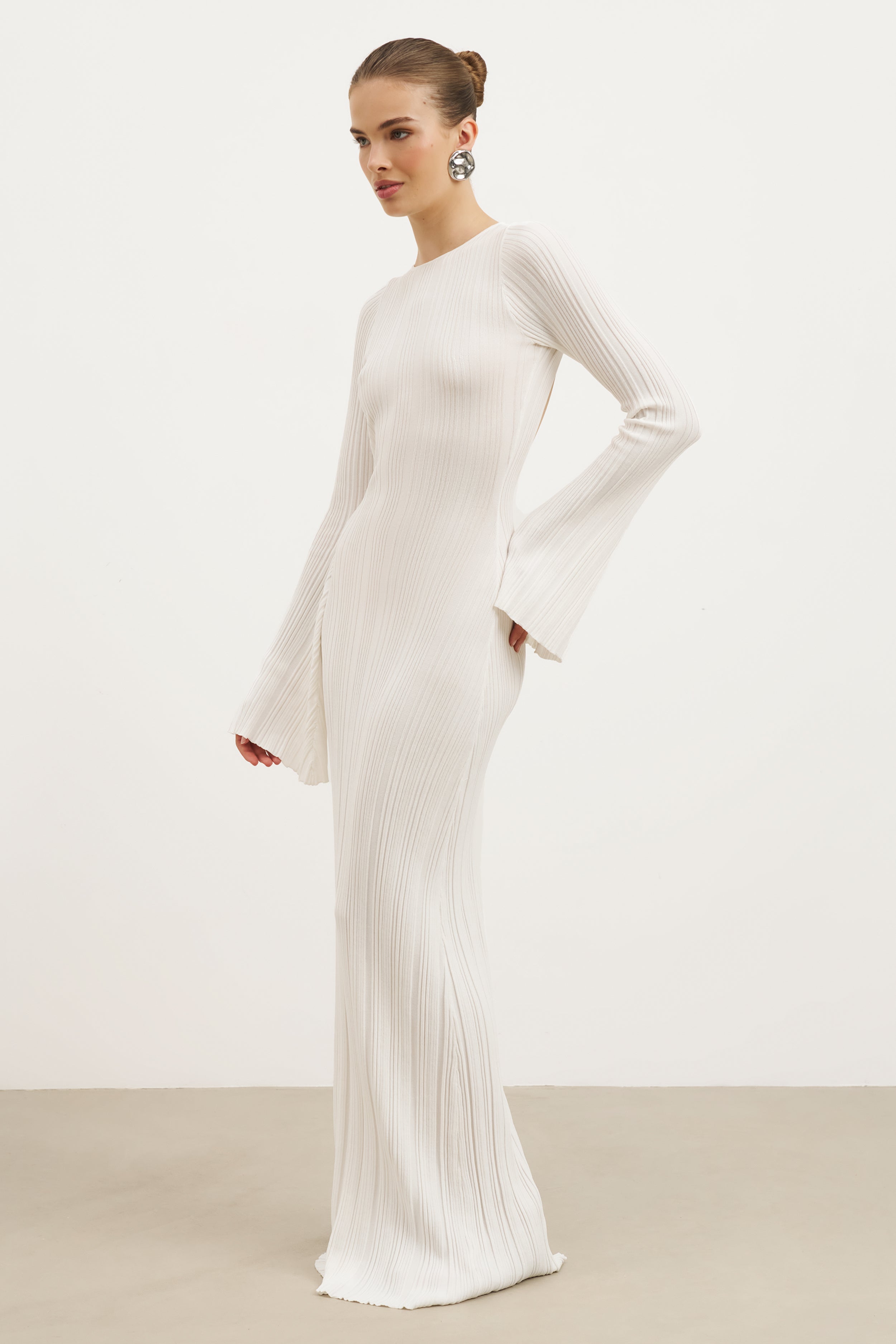 Fine Knit Longsleeve Open Back Maxi Dress - White Shimmer