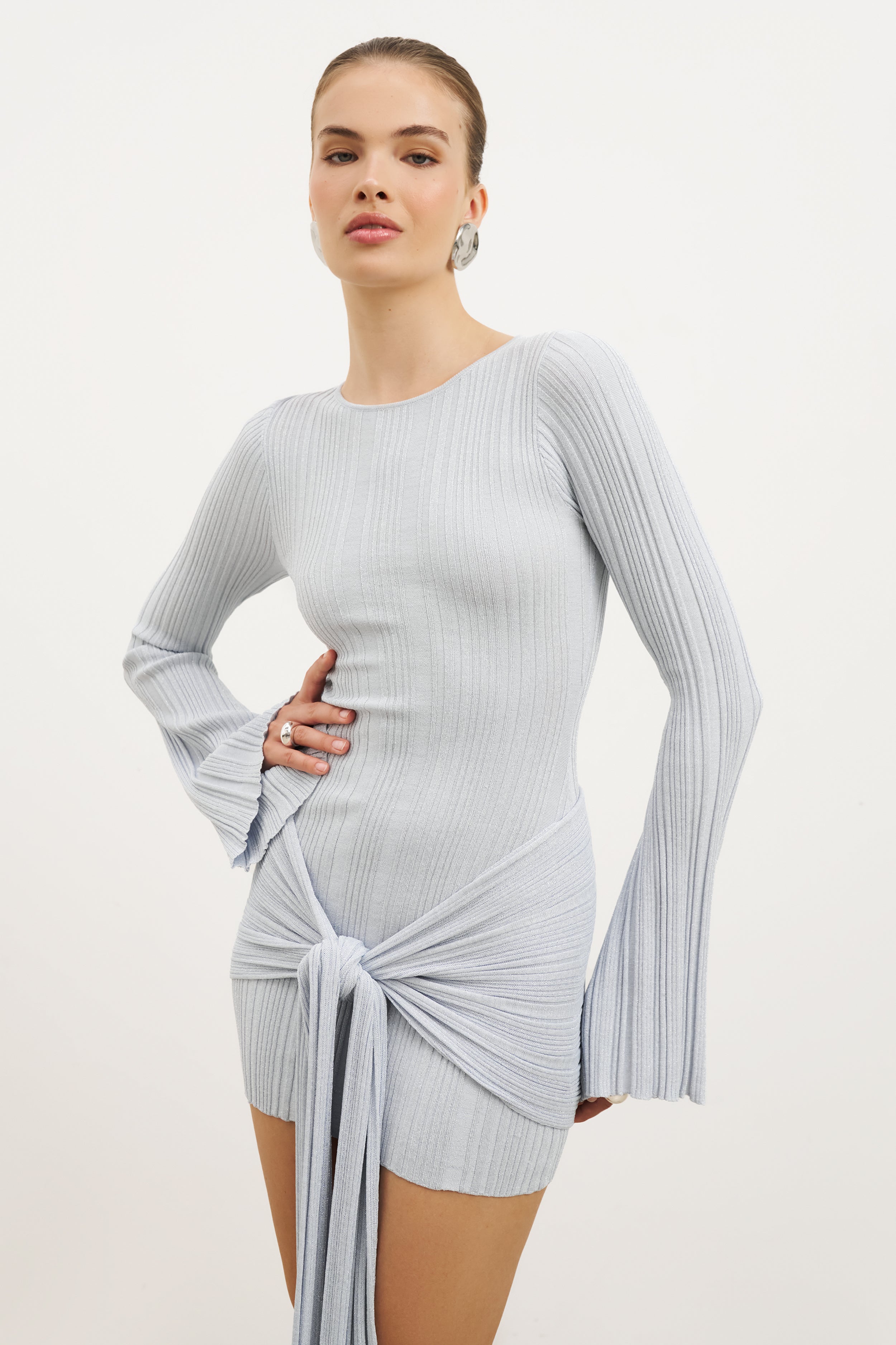 Fine Knit Gathered Longsleeve Mini Dress - Powder Blue Shimmer