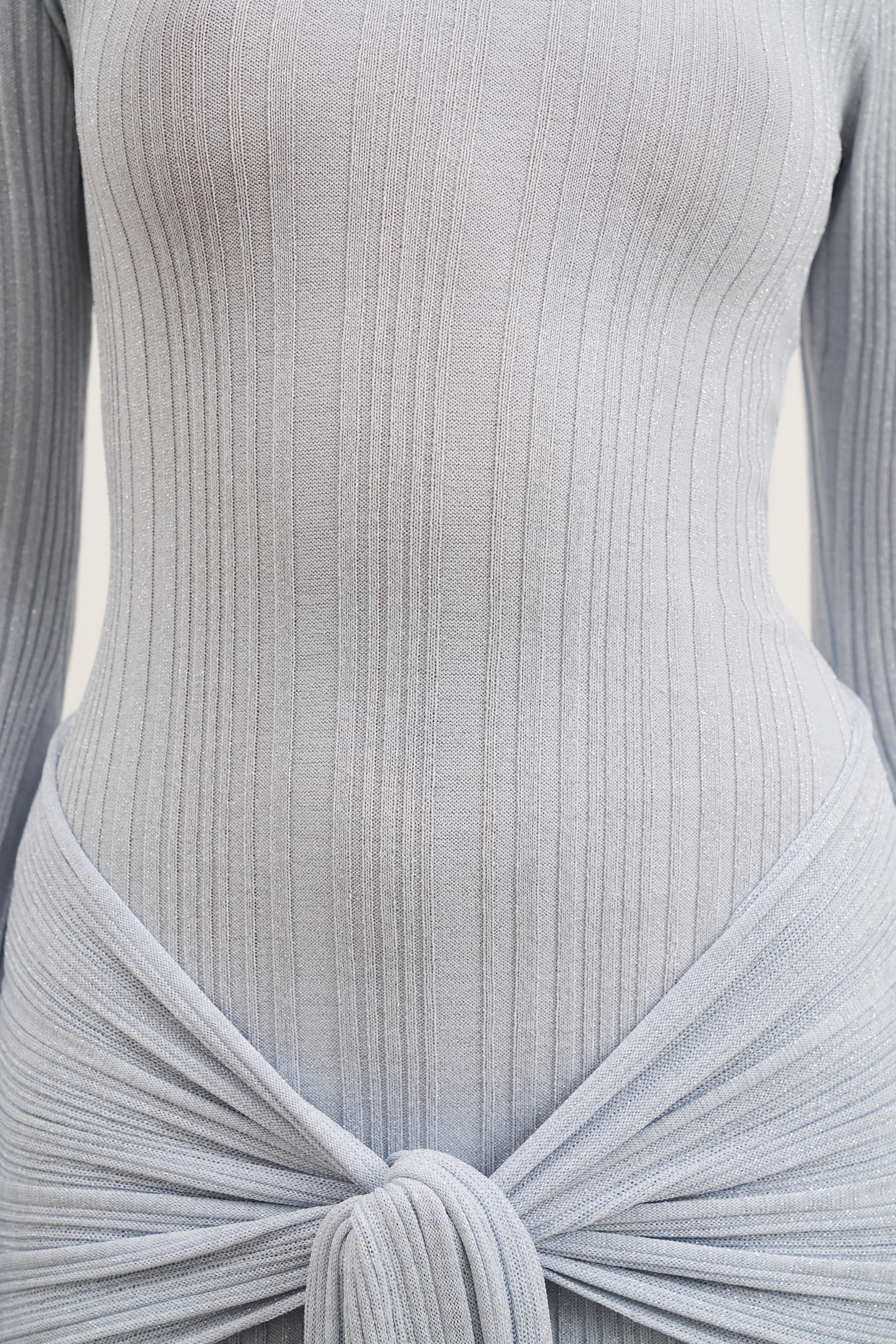 Fine Knit Gathered Longsleeve Mini Dress - Powder Blue Shimmer